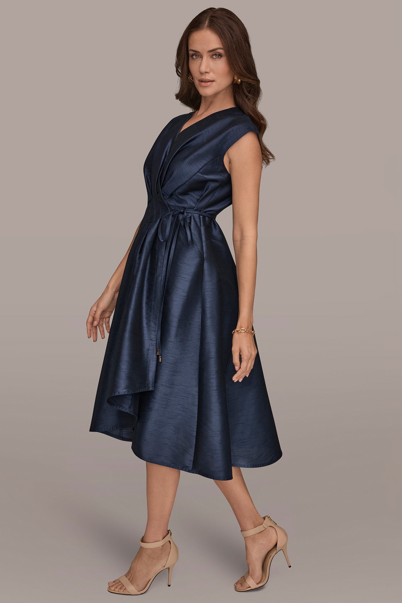 Taffeta Blue SLEEVELESS PLEATED MIDI WRAP DRESS Donna Karan