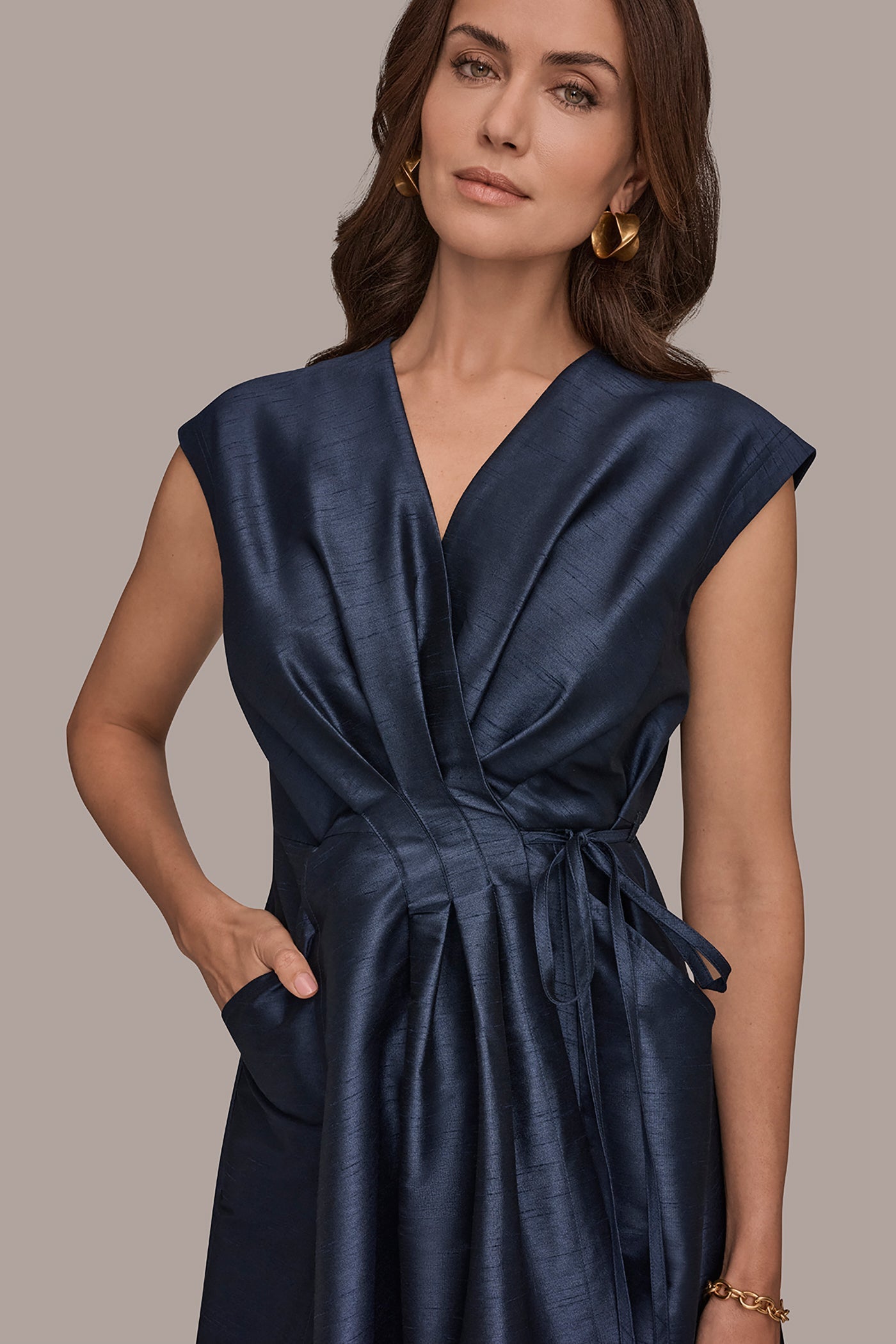 Taffeta Blue SLEEVELESS PLEATED MIDI WRAP DRESS Donna Karan