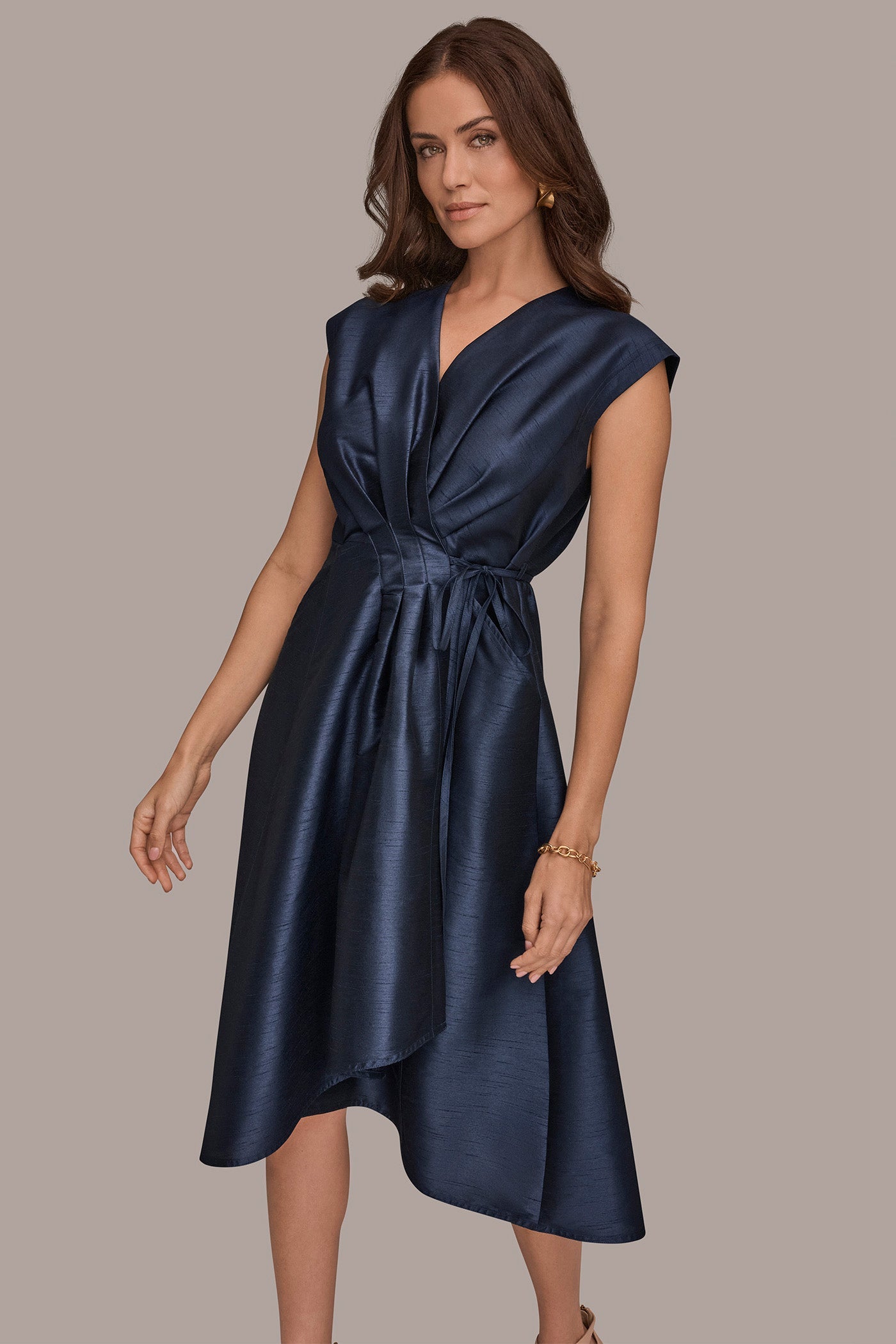 Taffeta Blue SLEEVELESS PLEATED MIDI WRAP DRESS Donna Karan