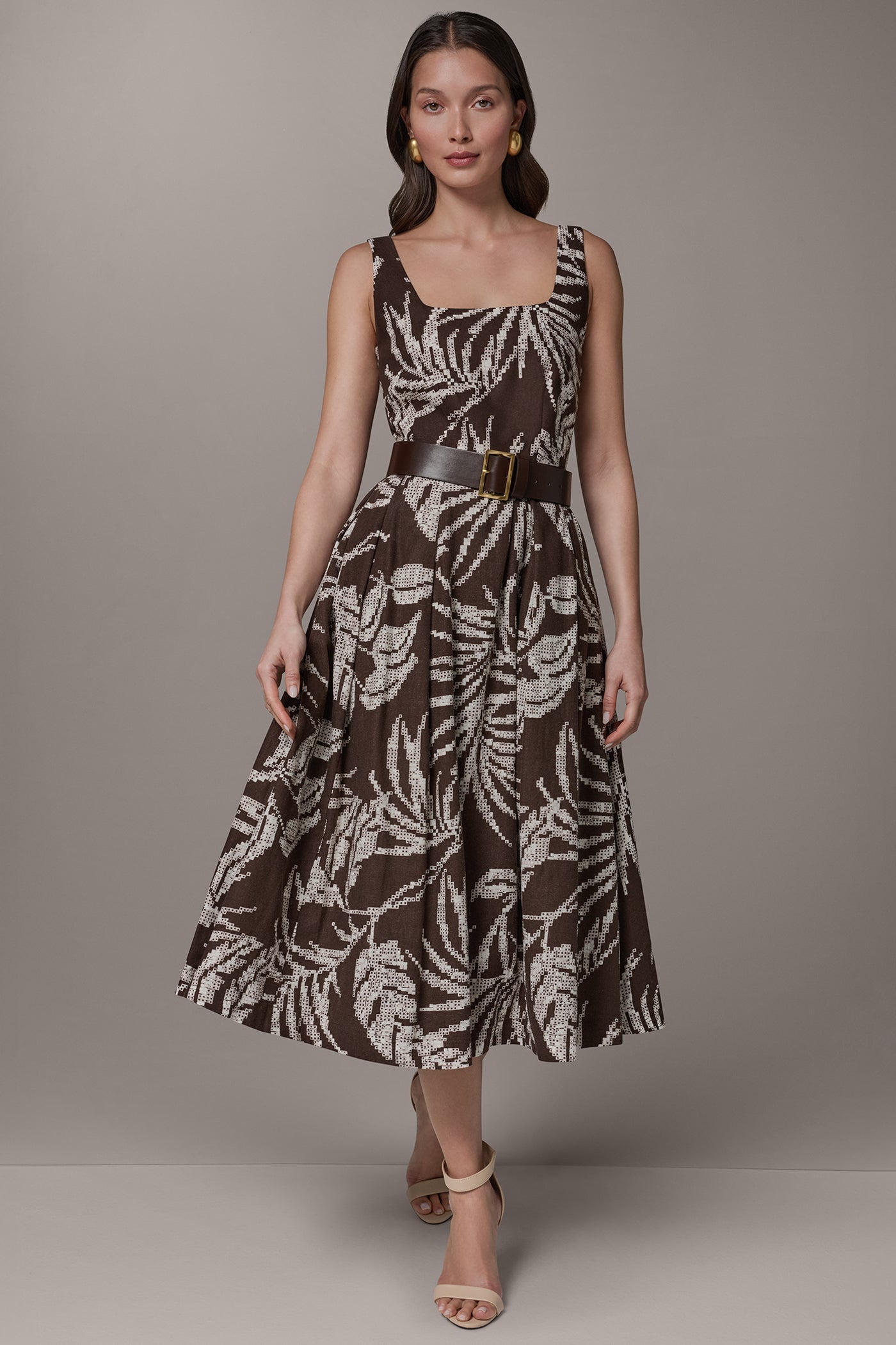 Canyon Multi SLEEVELESS SQUARE NECK PRINTED BELTED MIDI FIT AND FLARE DRESS Donna Karan