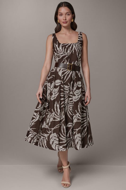 Canyon Multi SLEEVELESS SQUARE NECK PRINTED BELTED MIDI FIT AND FLARE DRESS Donna Karan
