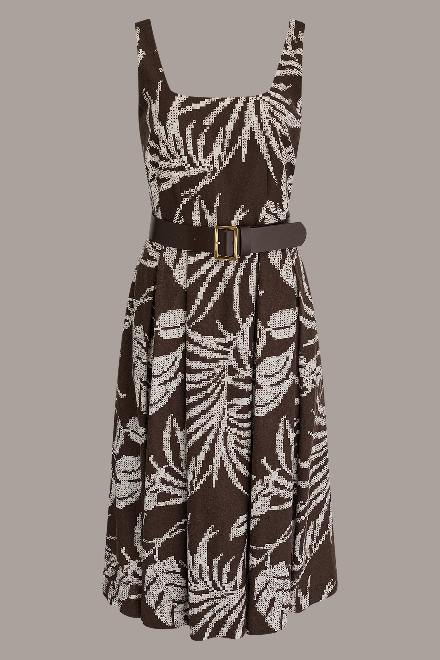 Canyon Multi SLEEVELESS SQUARE NECK PRINTED BELTED MIDI FIT AND FLARE DRESS Donna Karan