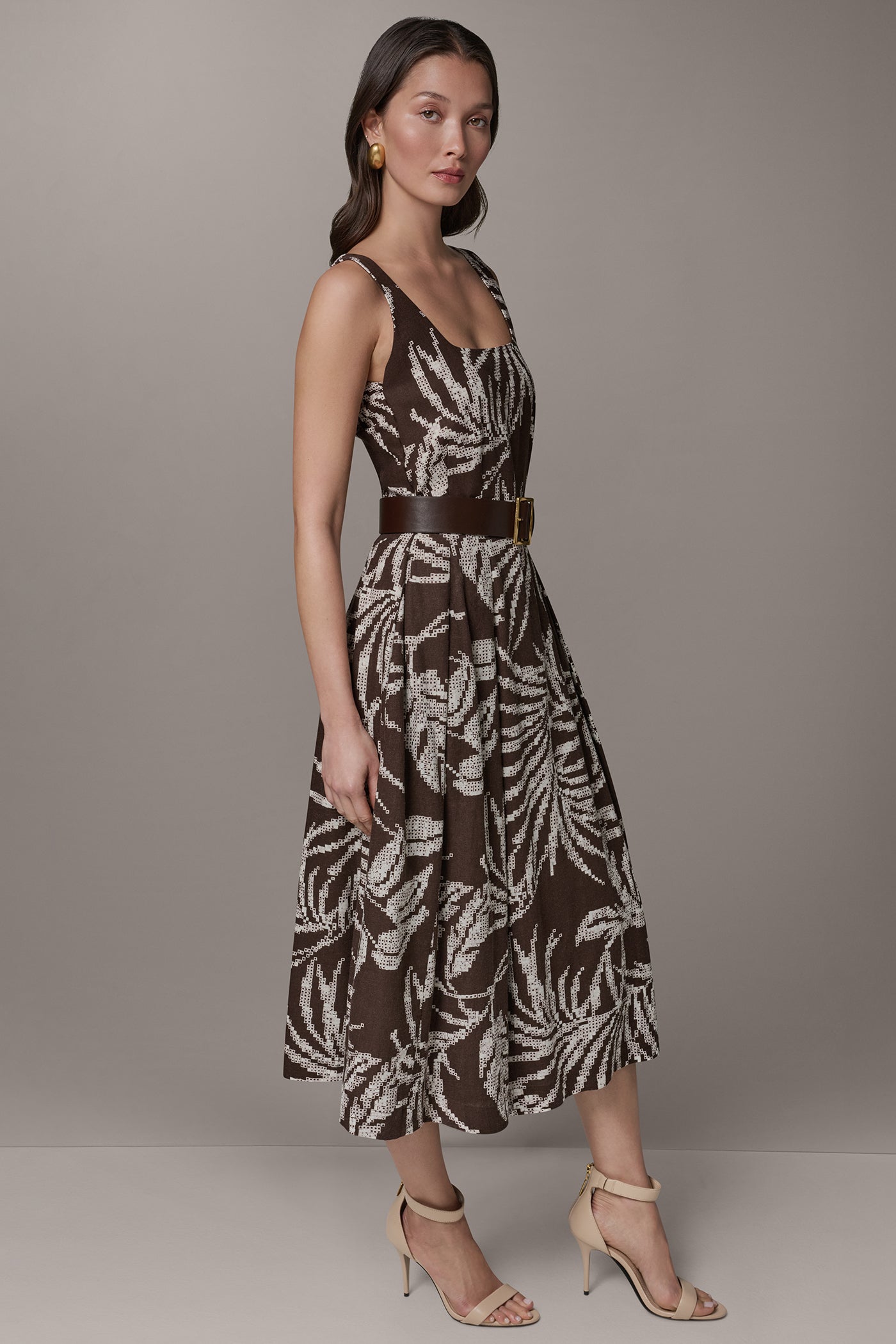 Canyon Multi SLEEVELESS SQUARE NECK PRINTED BELTED MIDI FIT AND FLARE DRESS Donna Karan