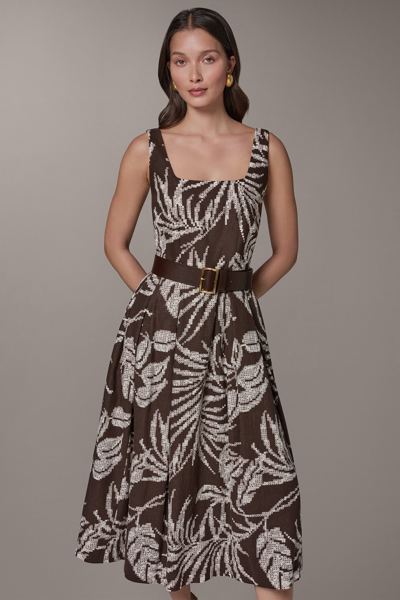 Canyon Multi SLEEVELESS SQUARE NECK PRINTED BELTED MIDI FIT AND FLARE DRESS Donna Karan