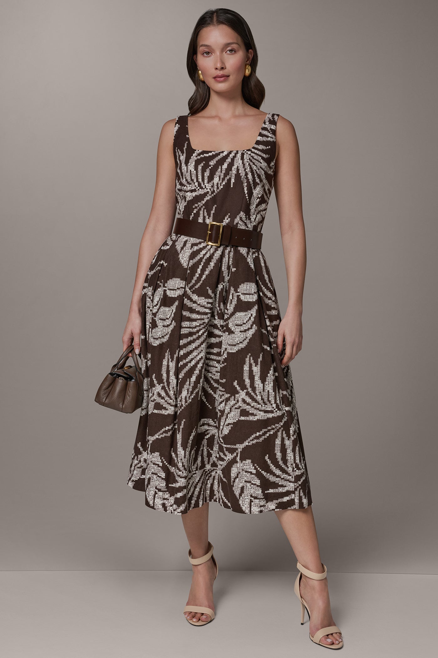 Canyon Multi SLEEVELESS SQUARE NECK PRINTED BELTED MIDI FIT AND FLARE DRESS Donna Karan