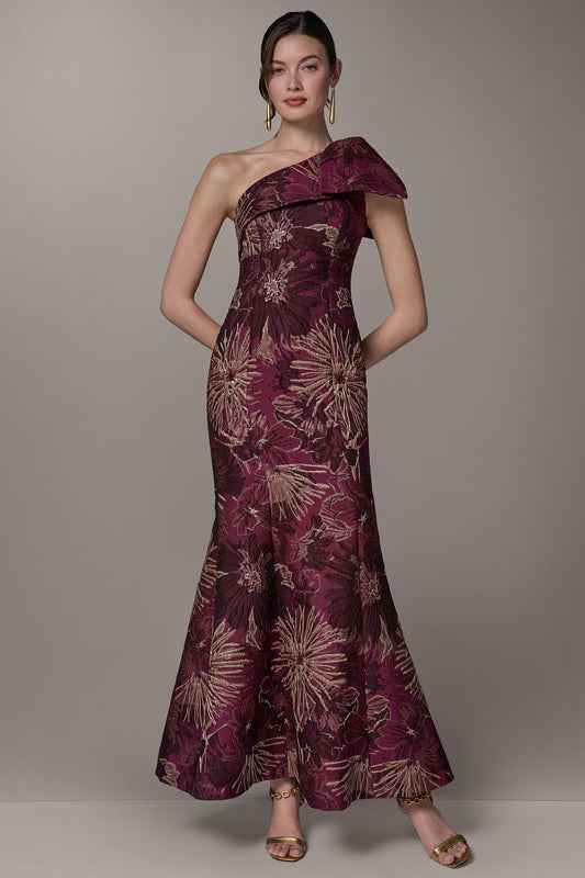 Prune Multi ONE SHOULDER FLORAL TRUMPET GOWN Donna Karan