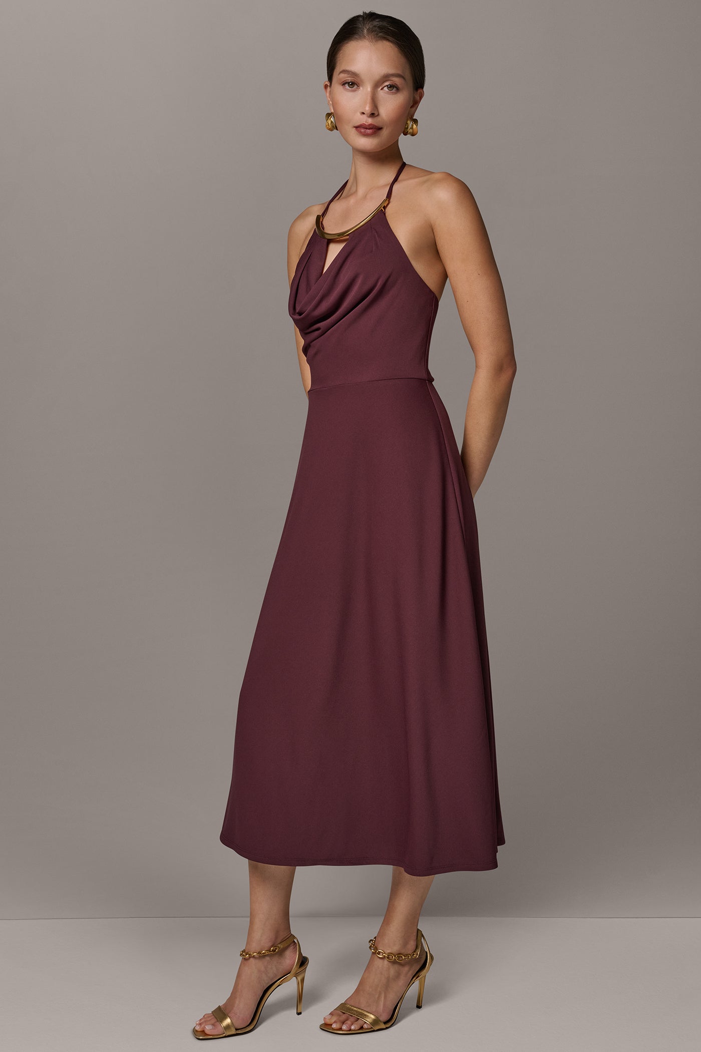 Prune SLEEVELESS COWL NECK MIDI HALTER DRESS Donna Karan