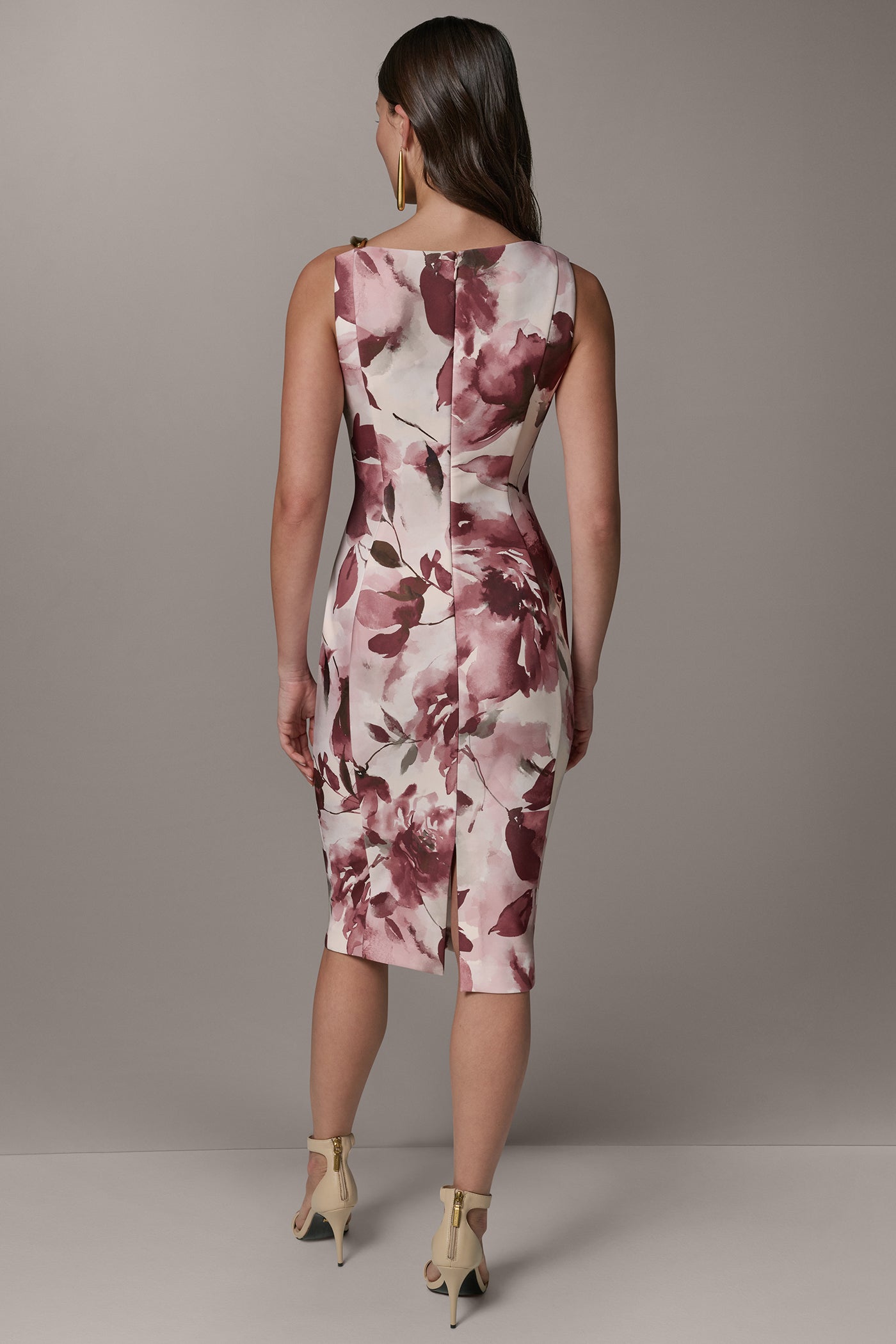 Desert Clay Multi SLEEVELESS ASYMMETRIC FLORAL MIDI SHEATH DRESS Donna Karan