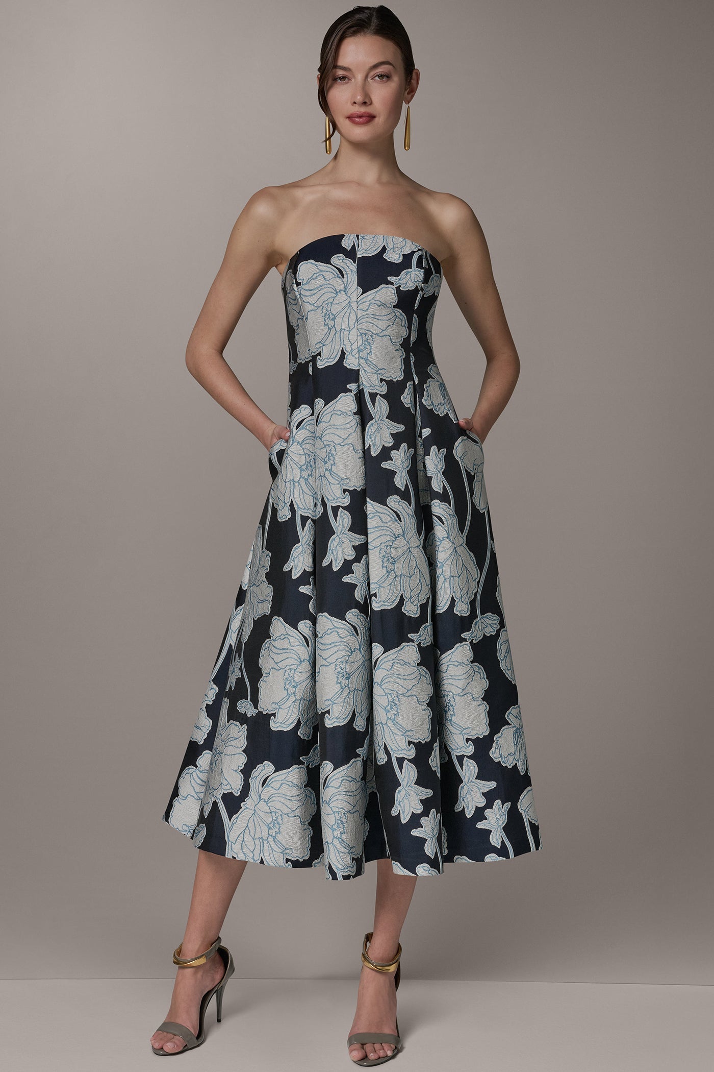 Nightfall/Cream STRAPLESS MIDI FIT AND FLARE DRESS Donna Karan
