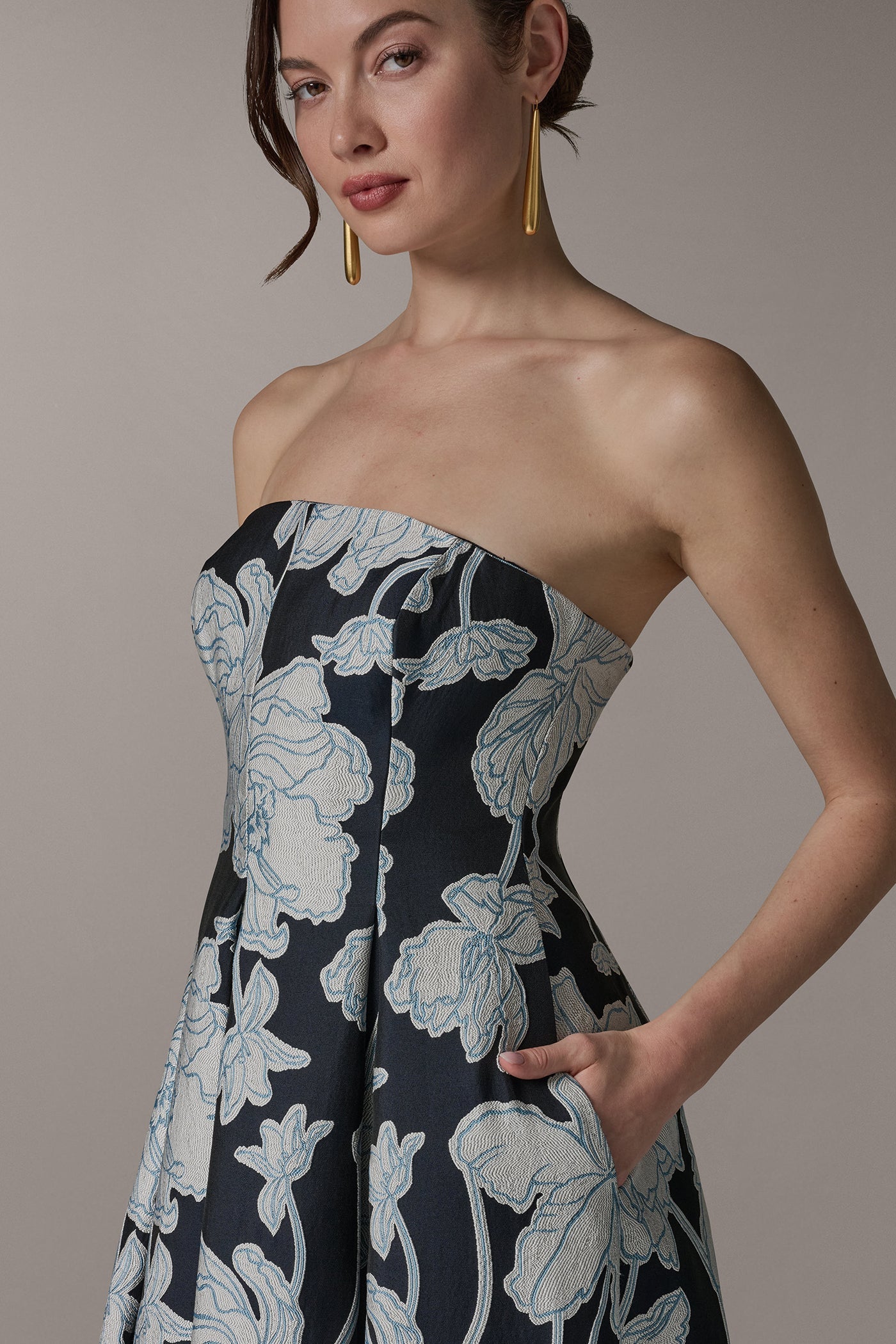 Nightfall/Cream STRAPLESS MIDI FIT AND FLARE DRESS Donna Karan