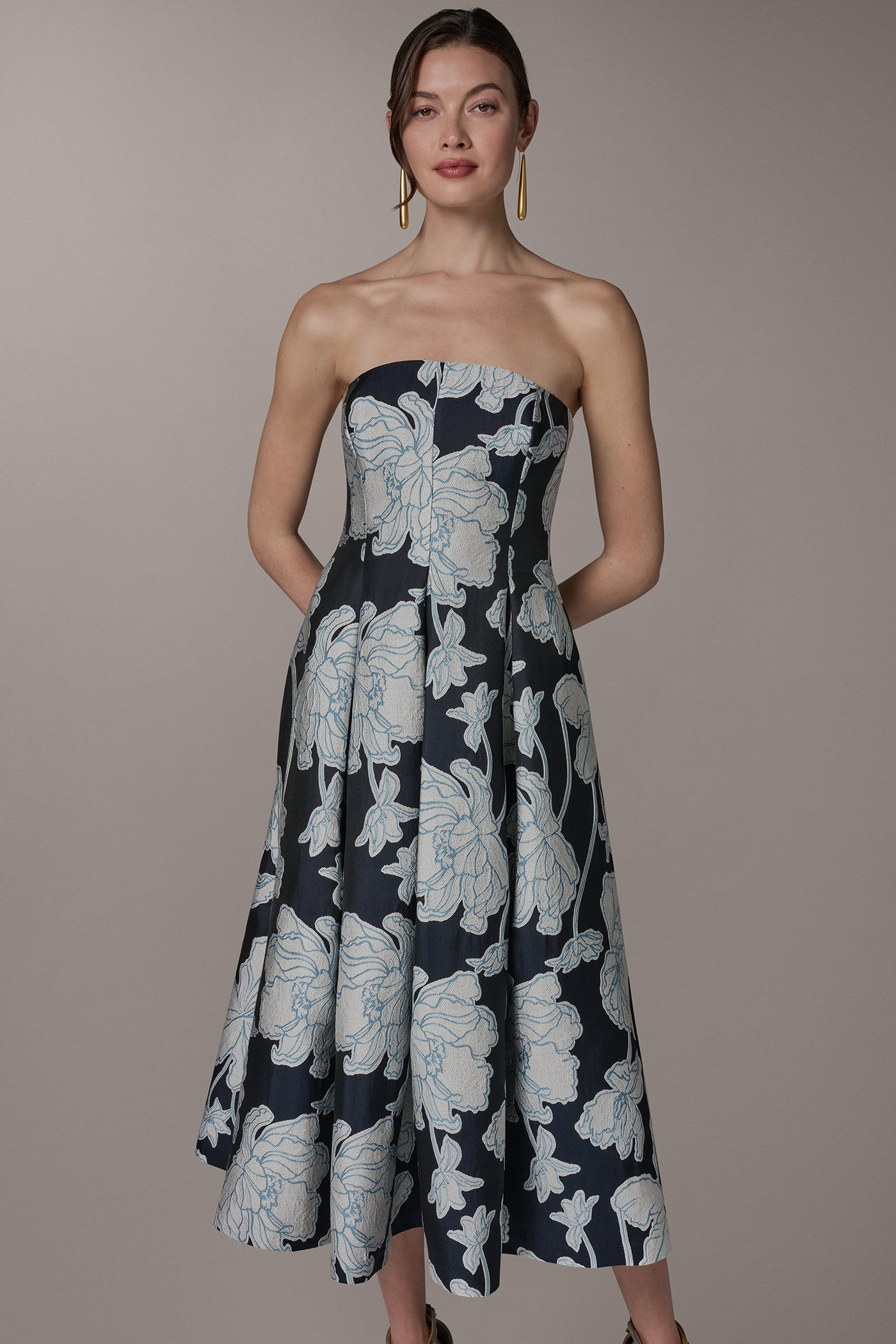 Nightfall/Cream STRAPLESS MIDI FIT AND FLARE DRESS Donna Karan