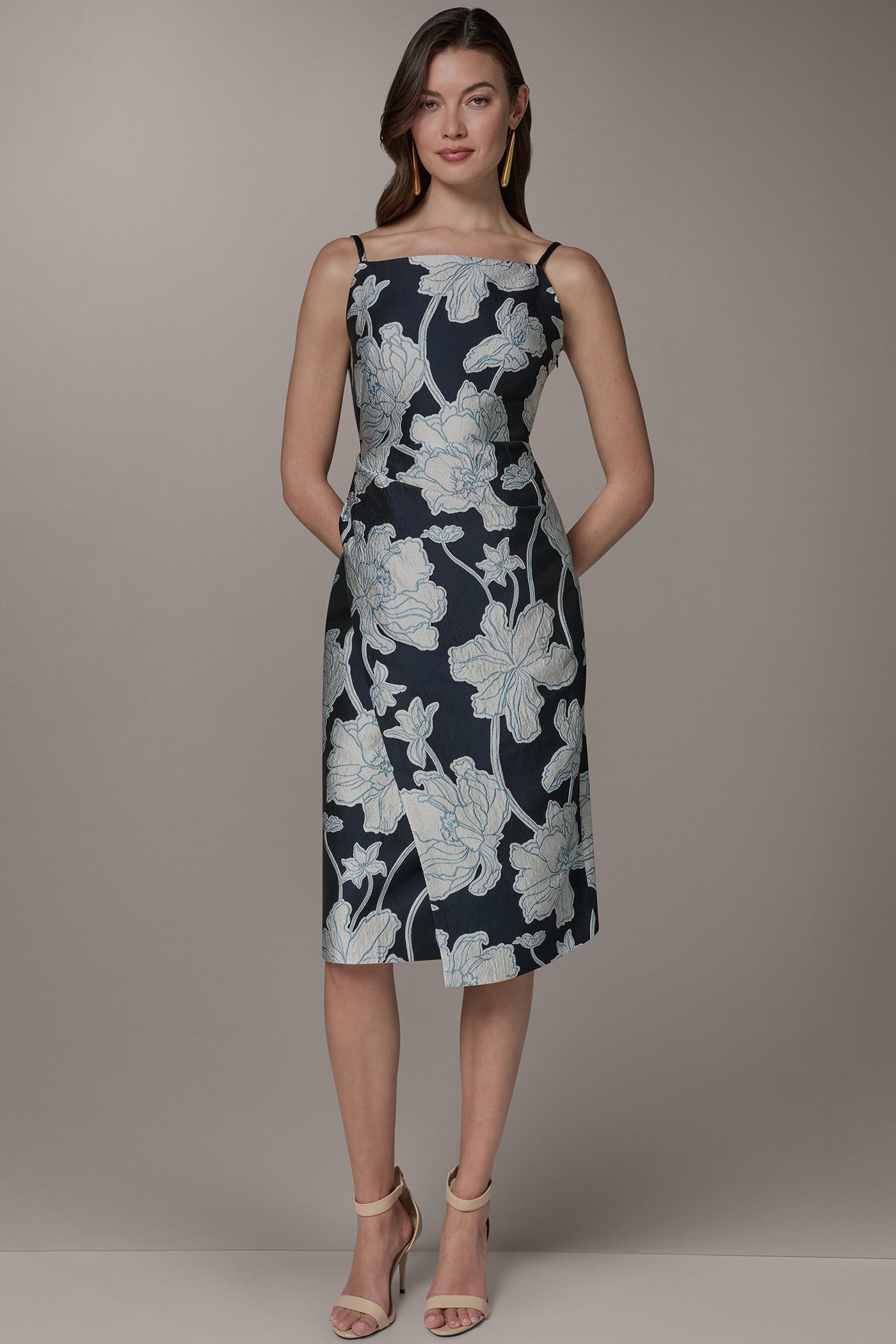 Nightfall/Sky Blue Multi SLEEVELESS FLORAL MIDI DRESS Donna Karan
