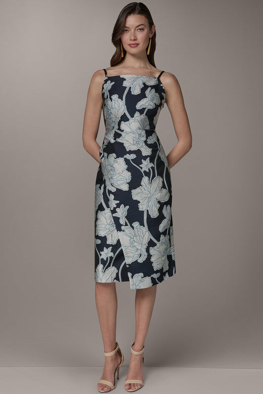 Nightfall/Sky Blue Multi SLEEVELESS FLORAL MIDI DRESS Donna Karan