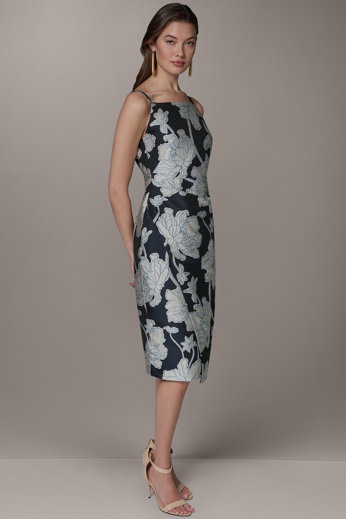 Nightfall/Sky Blue Multi SLEEVELESS FLORAL MIDI DRESS Donna Karan