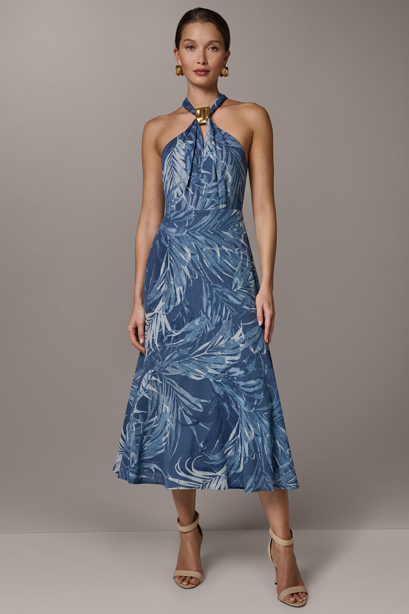 Nightfall Multi SLEEVELESS PRINT MIDI HALTER DRESS Donna Karan