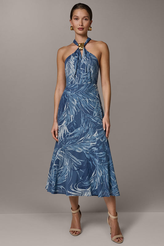 Nightfall Multi SLEEVELESS PRINT MIDI HALTER DRESS Donna Karan