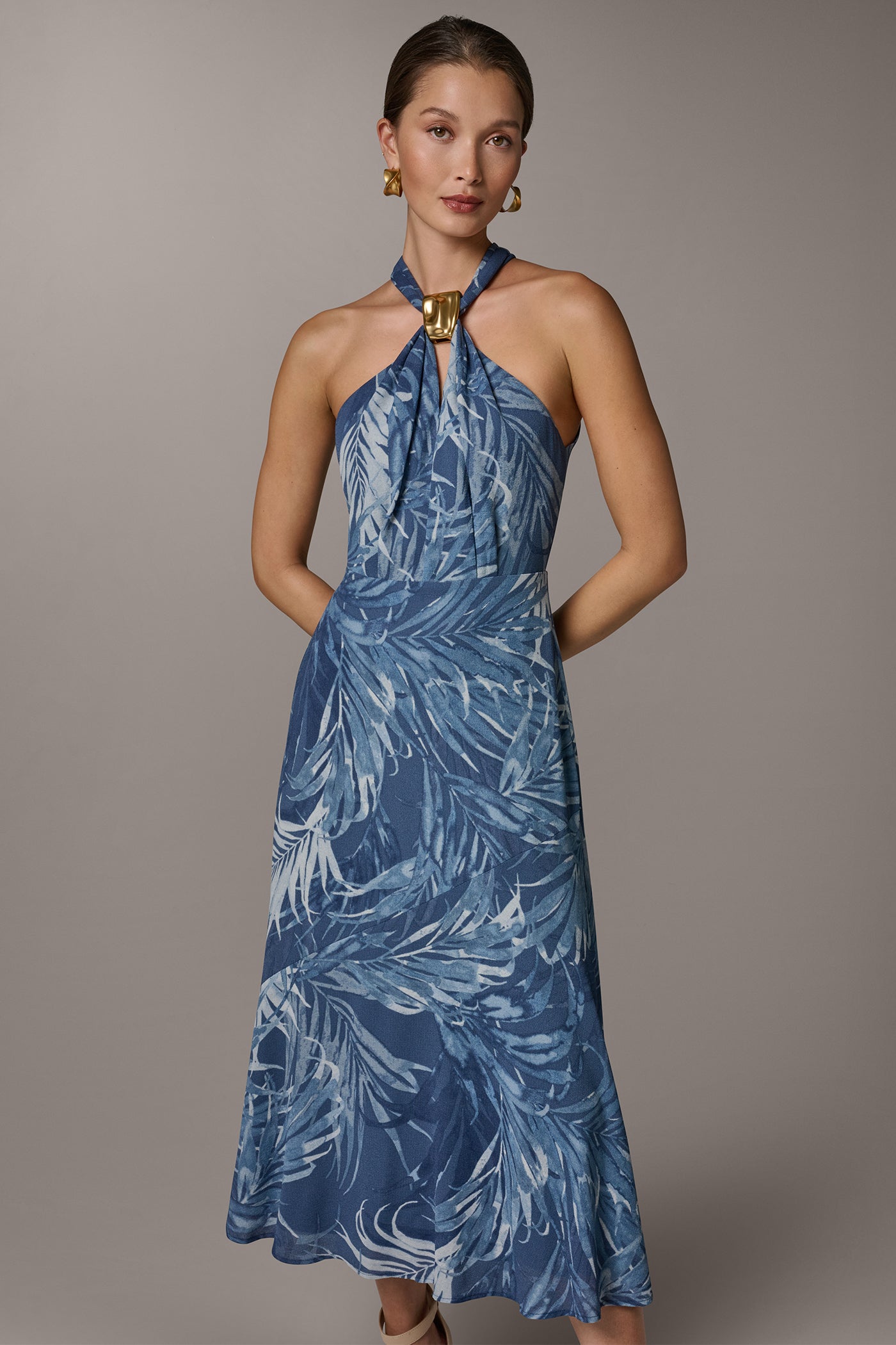 Nightfall Multi SLEEVELESS PRINT MIDI HALTER DRESS Donna Karan