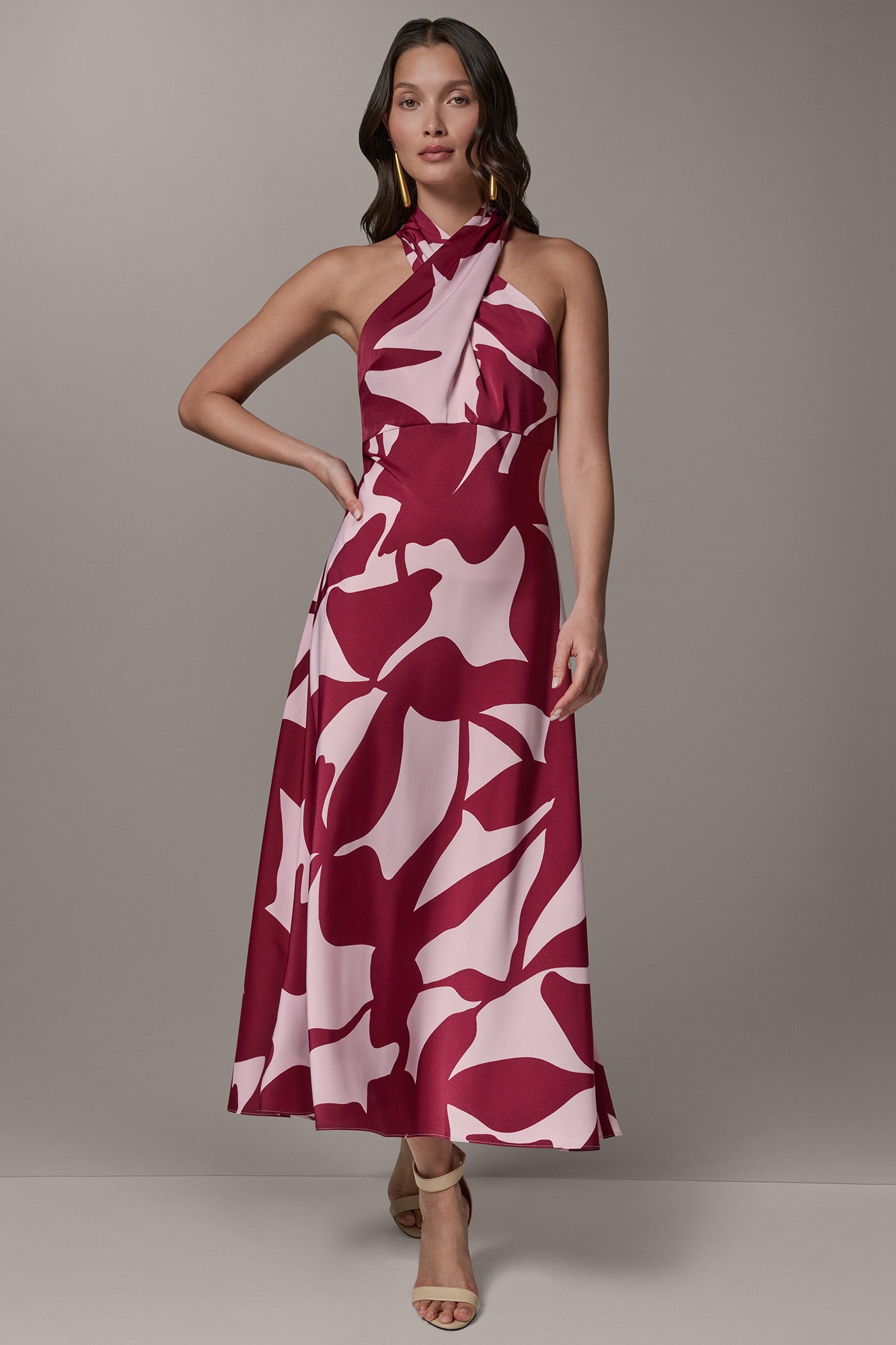 Sangria/Lilac SLEEVELESS HALTER NECK A-LINE DRESS Donna Karan