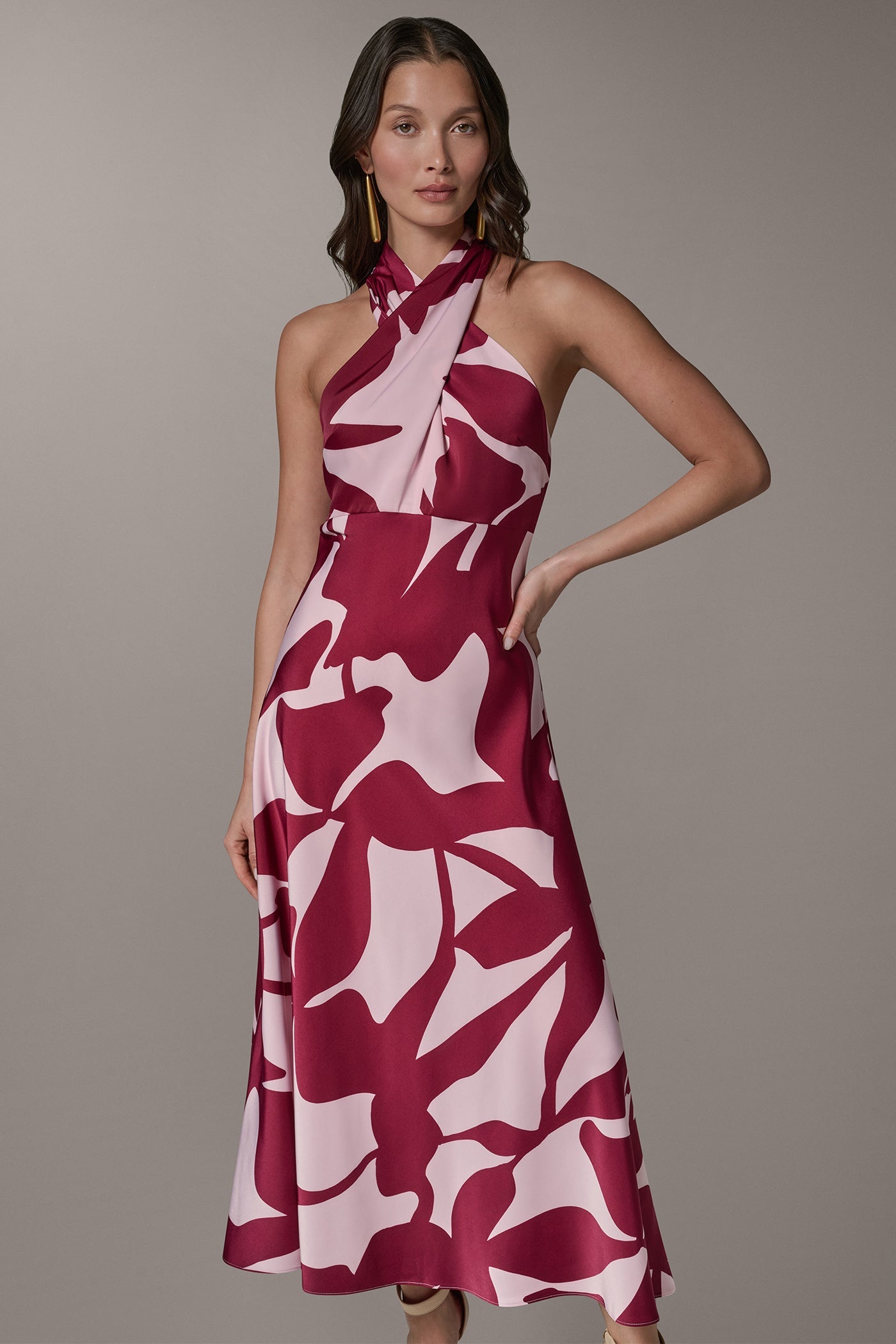 Sangria/Lilac SLEEVELESS HALTER NECK A-LINE DRESS Donna Karan
