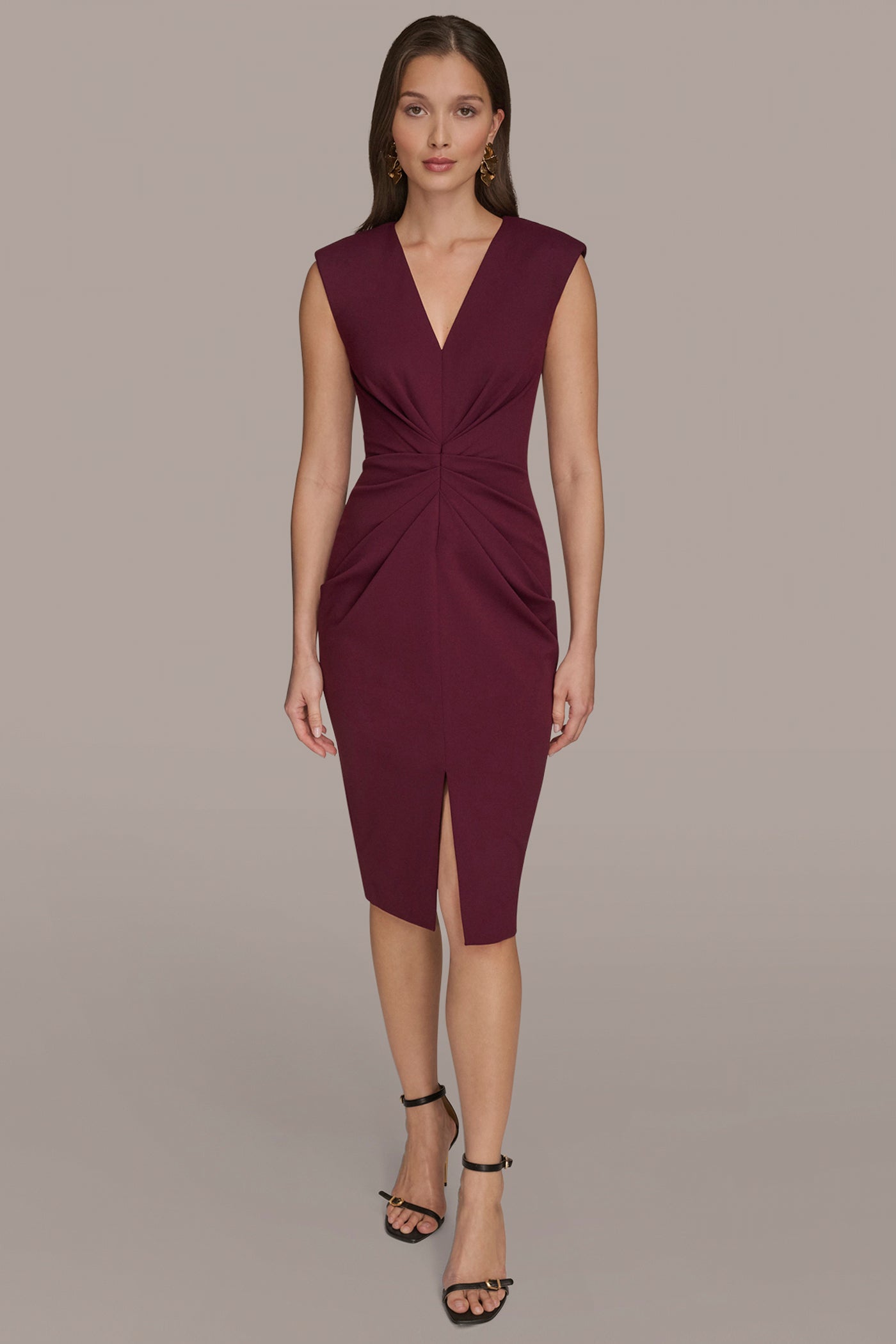 BERRY SLEEVELESS SPLIT-FRONT MIDI SHEATH DRESS Donna Karan