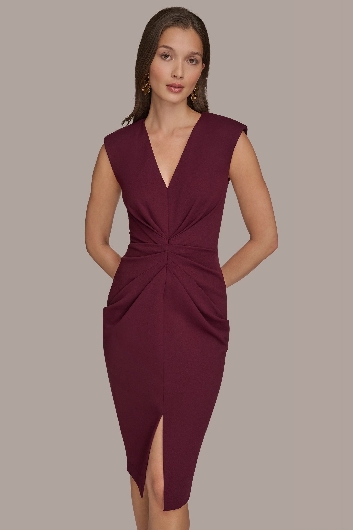 BERRY SLEEVELESS SPLIT-FRONT MIDI SHEATH DRESS Donna Karan
