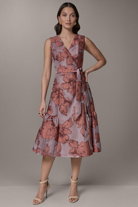 Desert Clay Multi SLEEVELESS FLORAL MIDI FIT AND FLARE DRESS Donna Karan