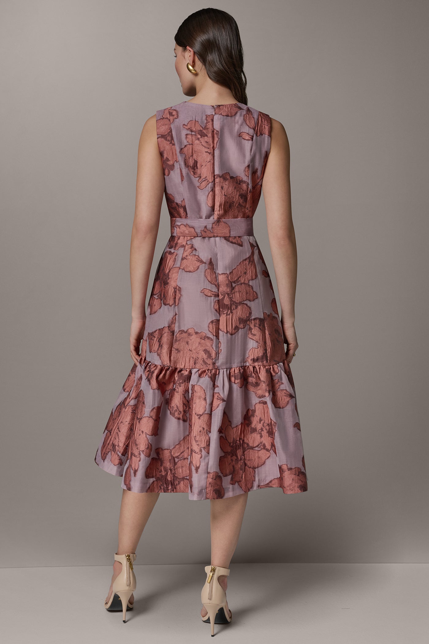 Desert Clay Multi SLEEVELESS FLORAL MIDI FIT AND FLARE DRESS Donna Karan