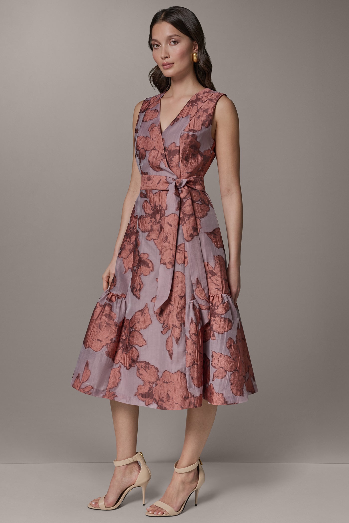 Desert Clay Multi SLEEVELESS FLORAL MIDI FIT AND FLARE DRESS Donna Karan