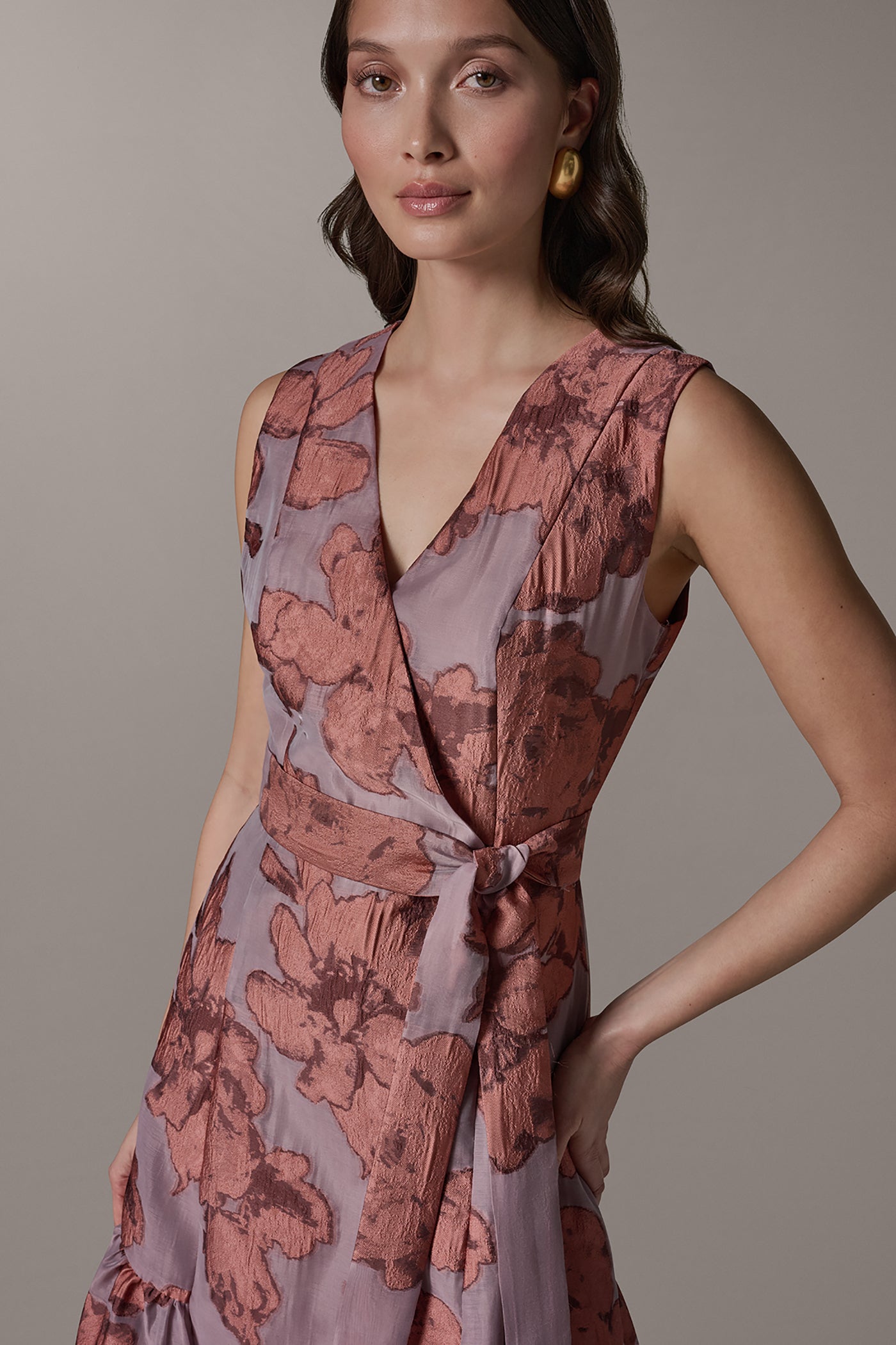 Desert Clay Multi SLEEVELESS FLORAL MIDI FIT AND FLARE DRESS Donna Karan