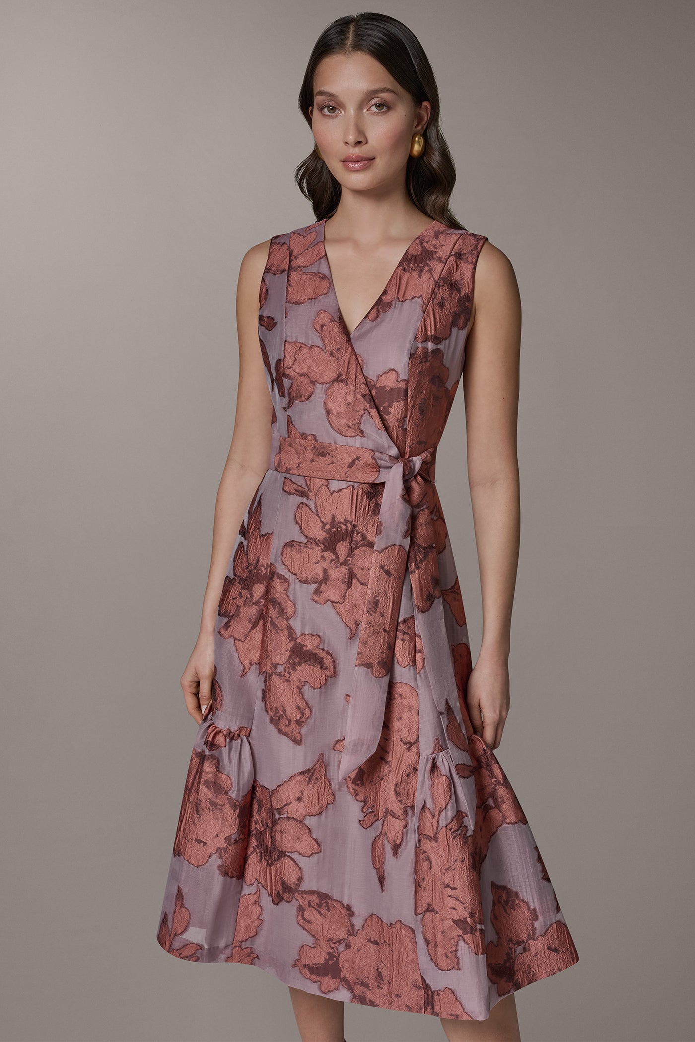 Desert Clay Multi SLEEVELESS FLORAL MIDI FIT AND FLARE DRESS Donna Karan