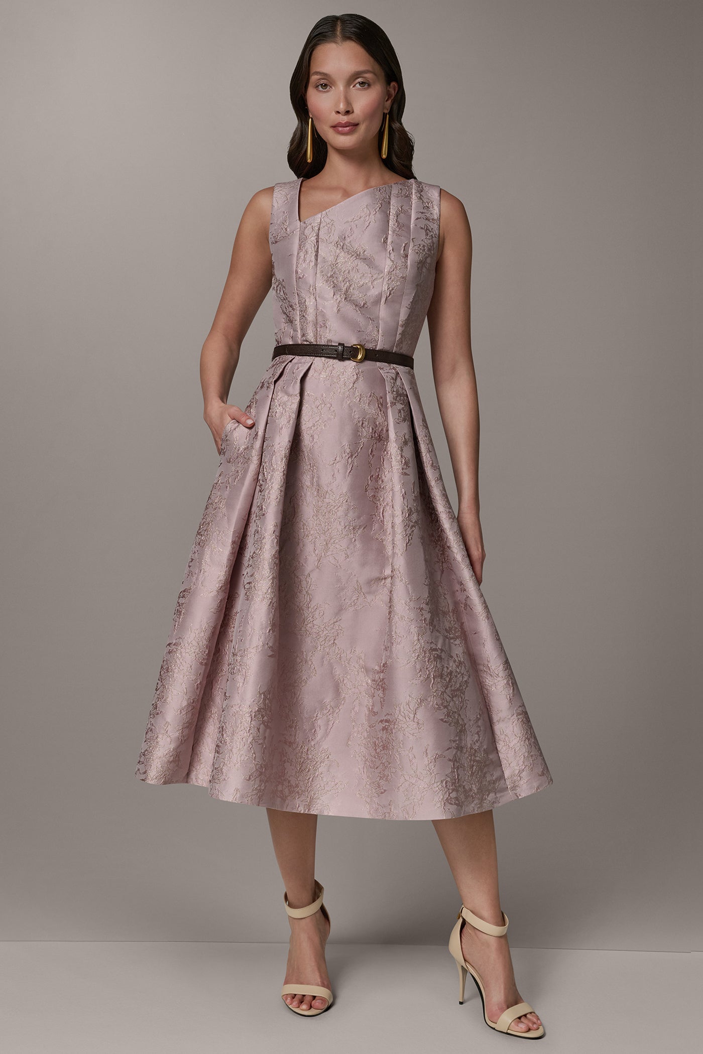 Lilac SLEEVELESS ASYMMETRIC MIDI FIT AND FLARE DRESS Donna Karan