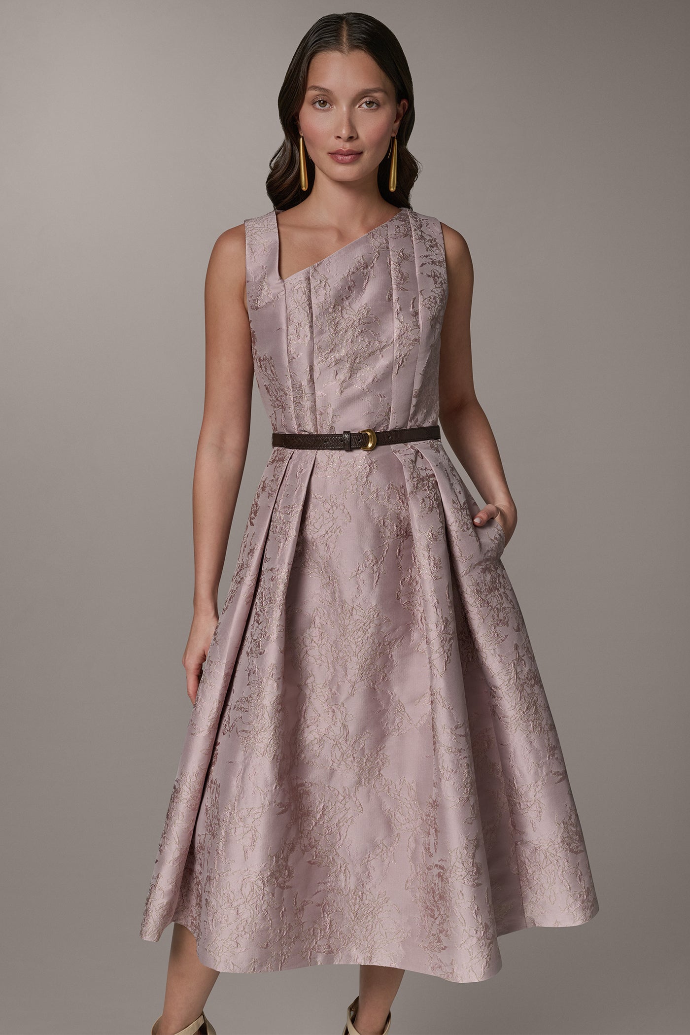 Lilac SLEEVELESS ASYMMETRIC MIDI FIT AND FLARE DRESS Donna Karan