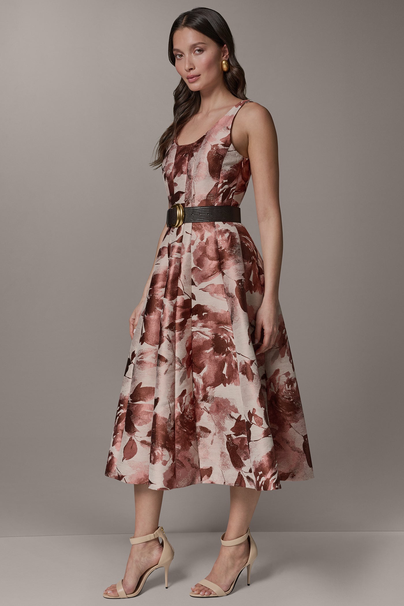 Desert Rose Multi SLEEVELESS FLORAL MIDI FIT AND FLARE DRESS Donna Karan