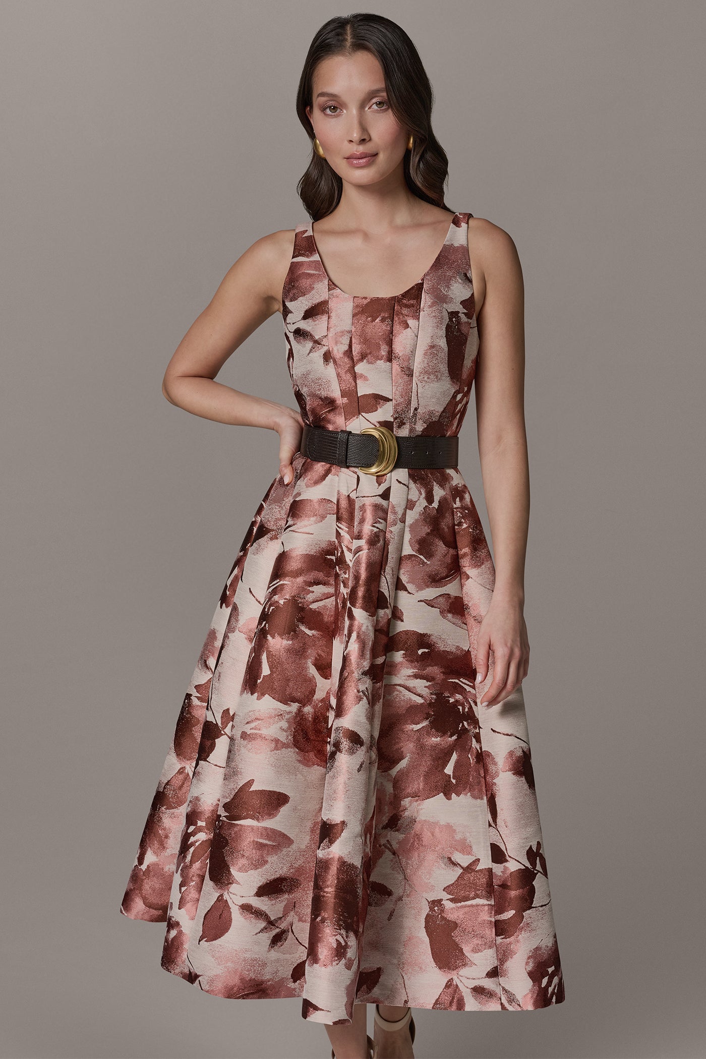Desert Rose Multi SLEEVELESS FLORAL MIDI FIT AND FLARE DRESS Donna Karan