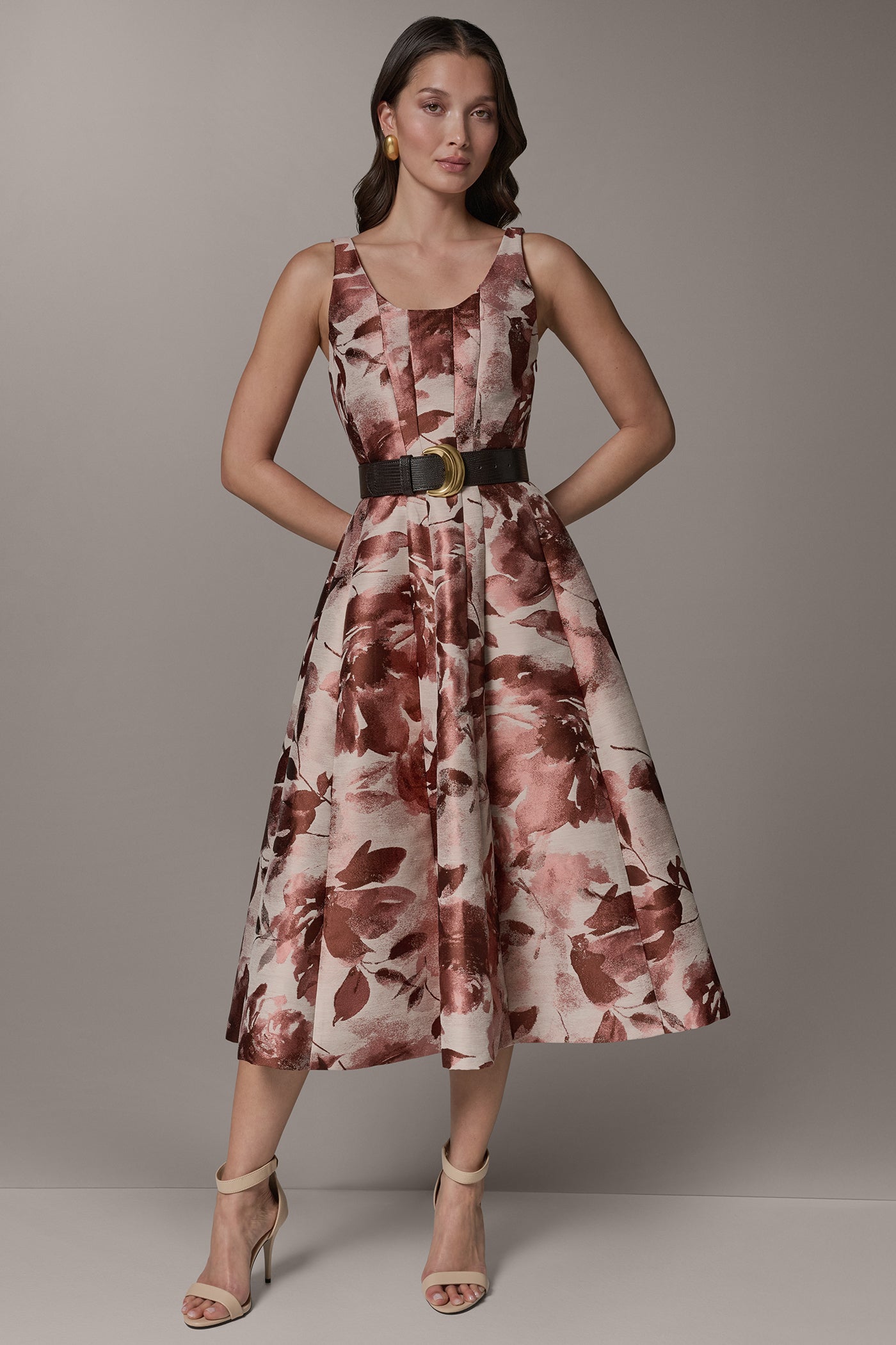Desert Rose Multi SLEEVELESS FLORAL MIDI FIT AND FLARE DRESS Donna Karan