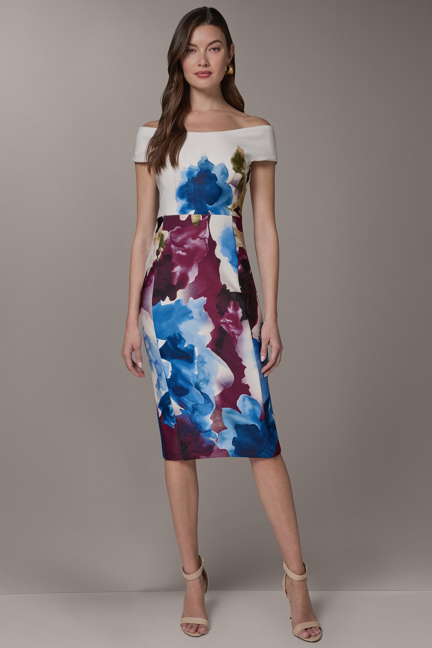 Sangria/Marina Multi OFF THE SHOULDER MIDI SHEATH DRESS Donna Karan