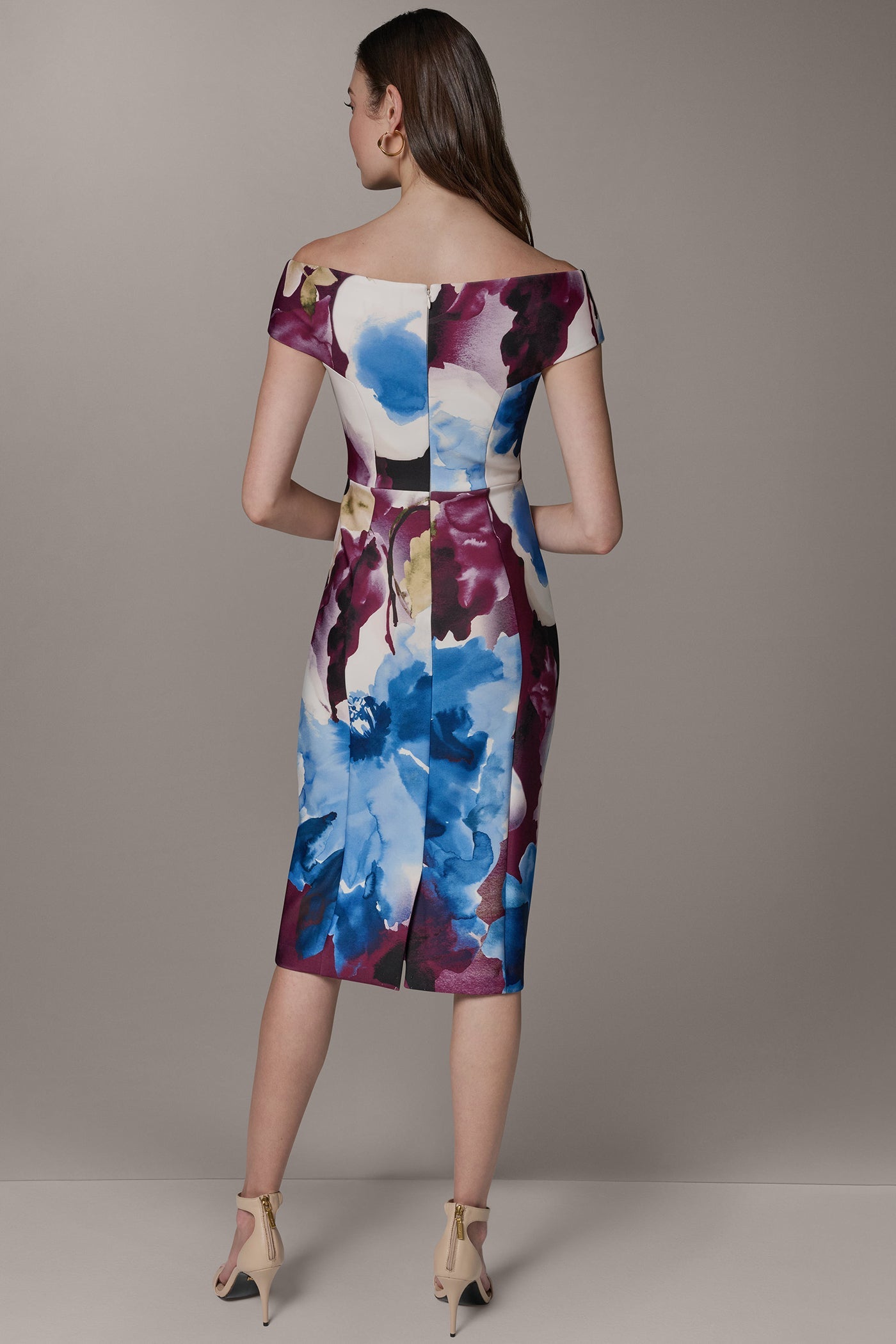 Sangria/Marina Multi OFF THE SHOULDER MIDI SHEATH DRESS Donna Karan