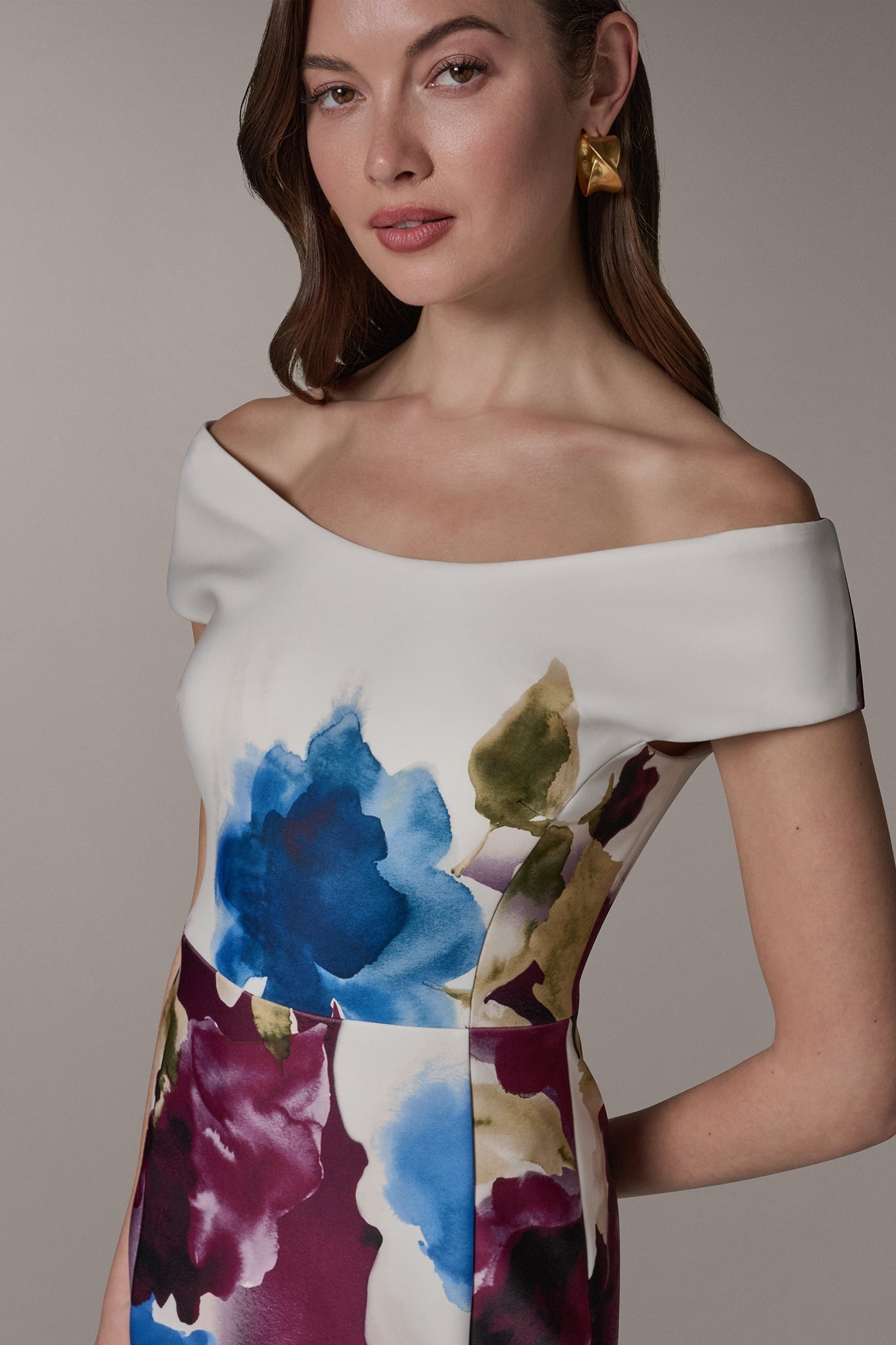 Sangria/Marina Multi OFF THE SHOULDER MIDI SHEATH DRESS Donna Karan