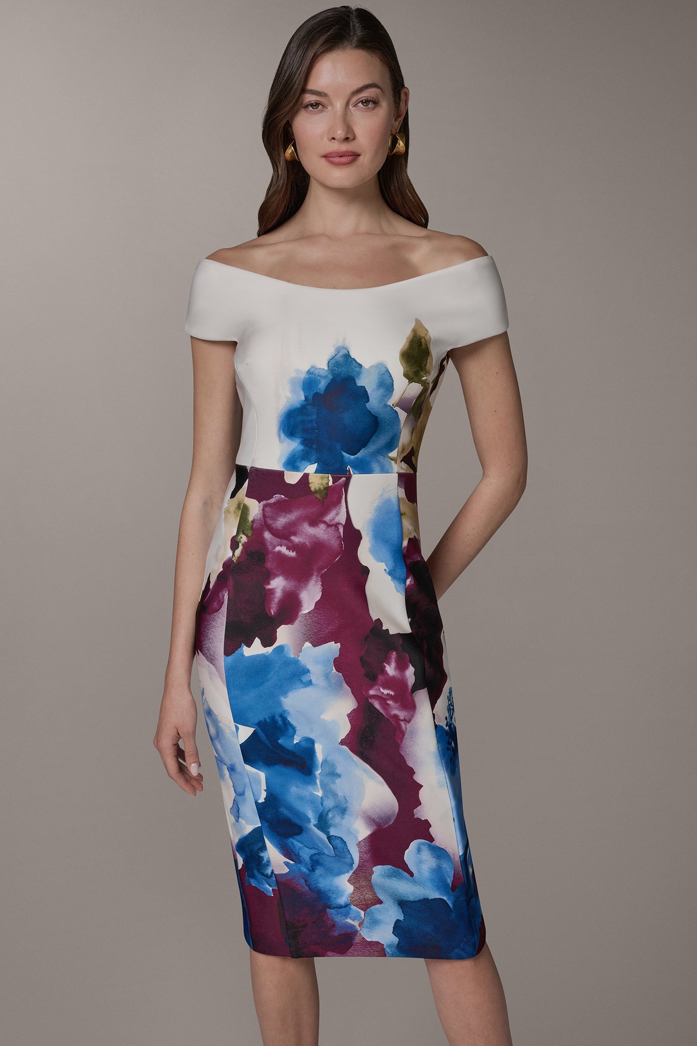 Sangria/Marina Multi OFF THE SHOULDER MIDI SHEATH DRESS Donna Karan