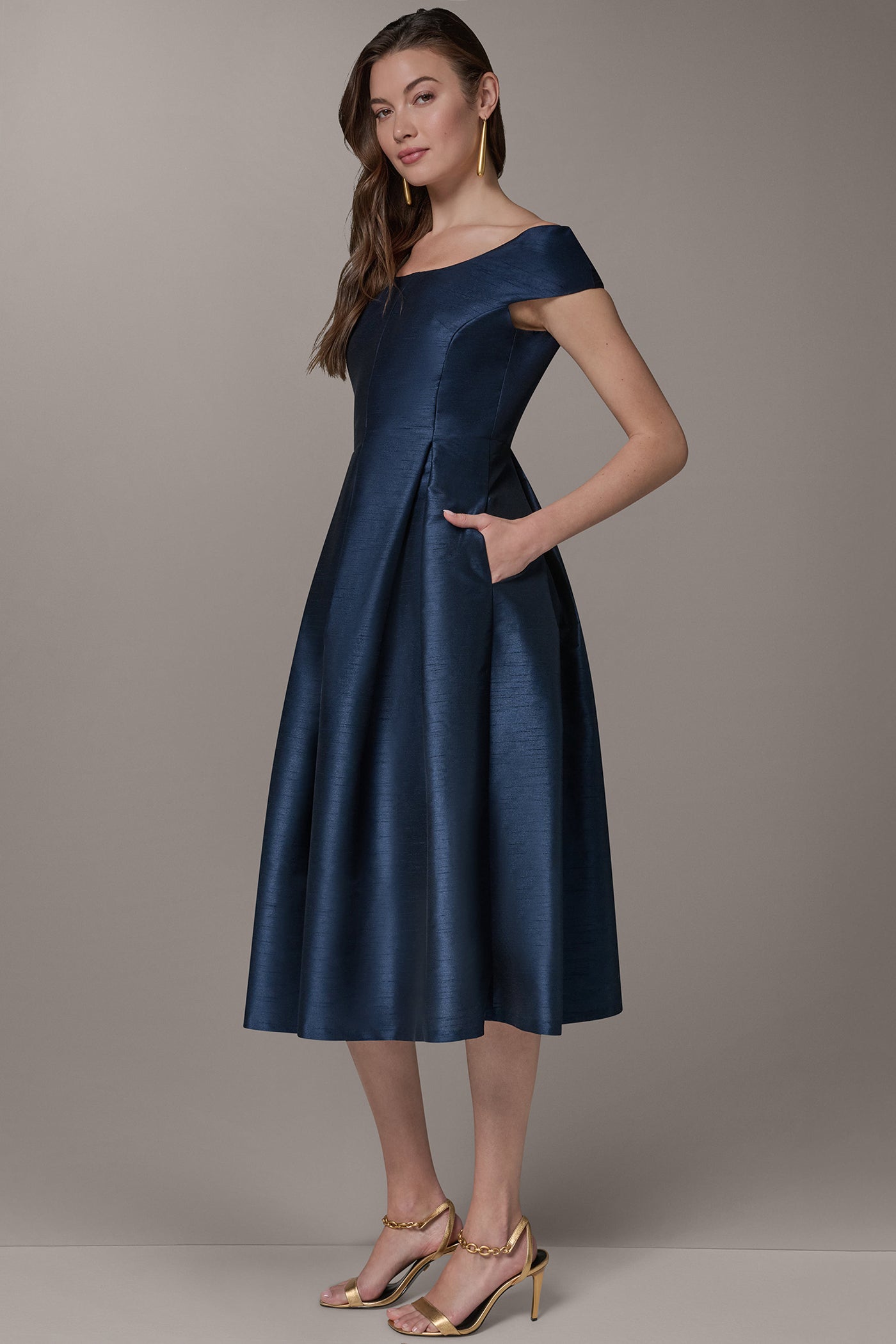 Nightfall OFF THE SHOULDER MIDI FIT AND FLARE DRESS Donna Karan