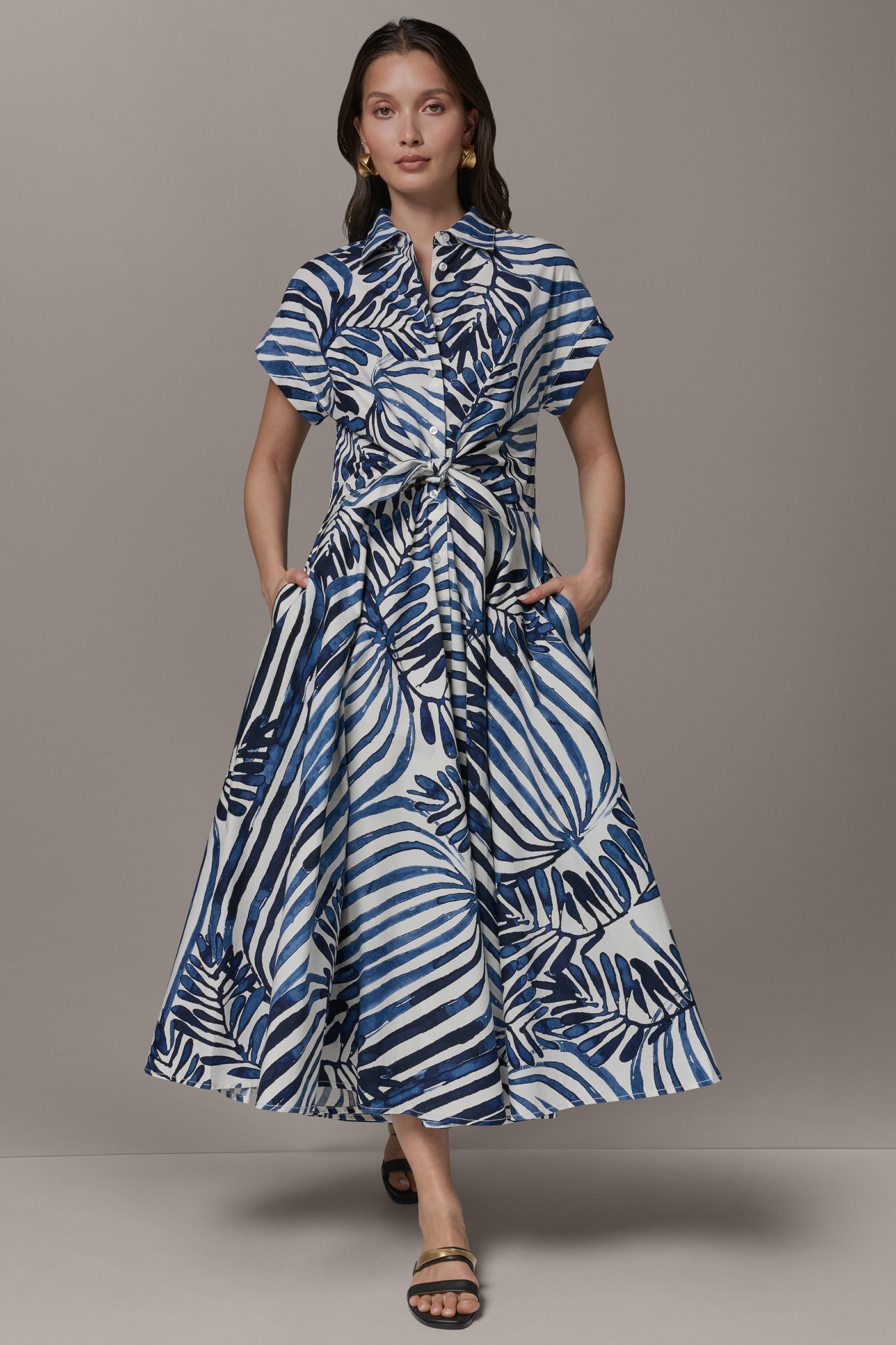 Nightfall Combo Palm SHORT SLEEVE TIE FRONT MAXI SHIRT DRESS Donna Karan