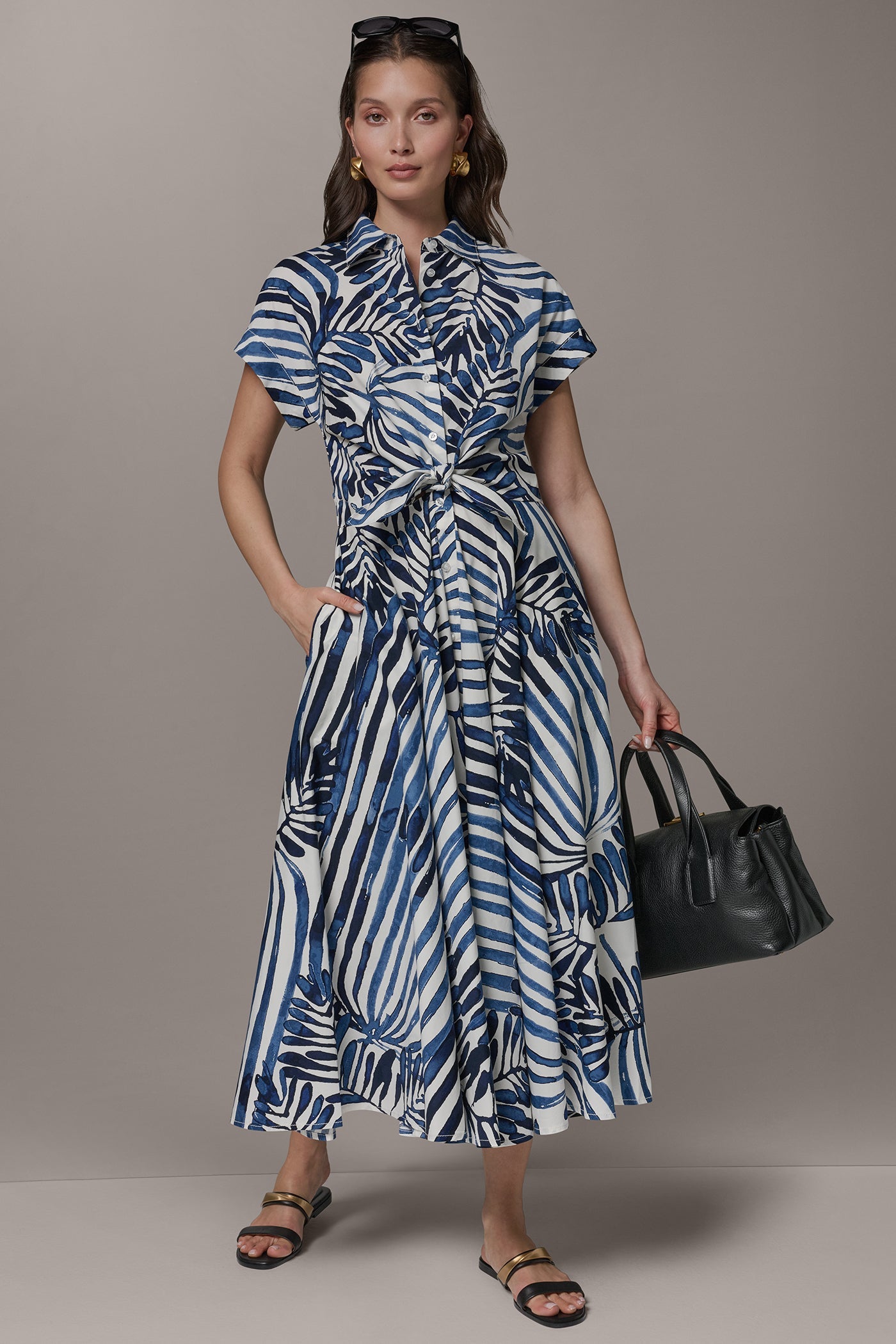 Nightfall Combo Palm SHORT SLEEVE TIE FRONT MAXI SHIRT DRESS Donna Karan