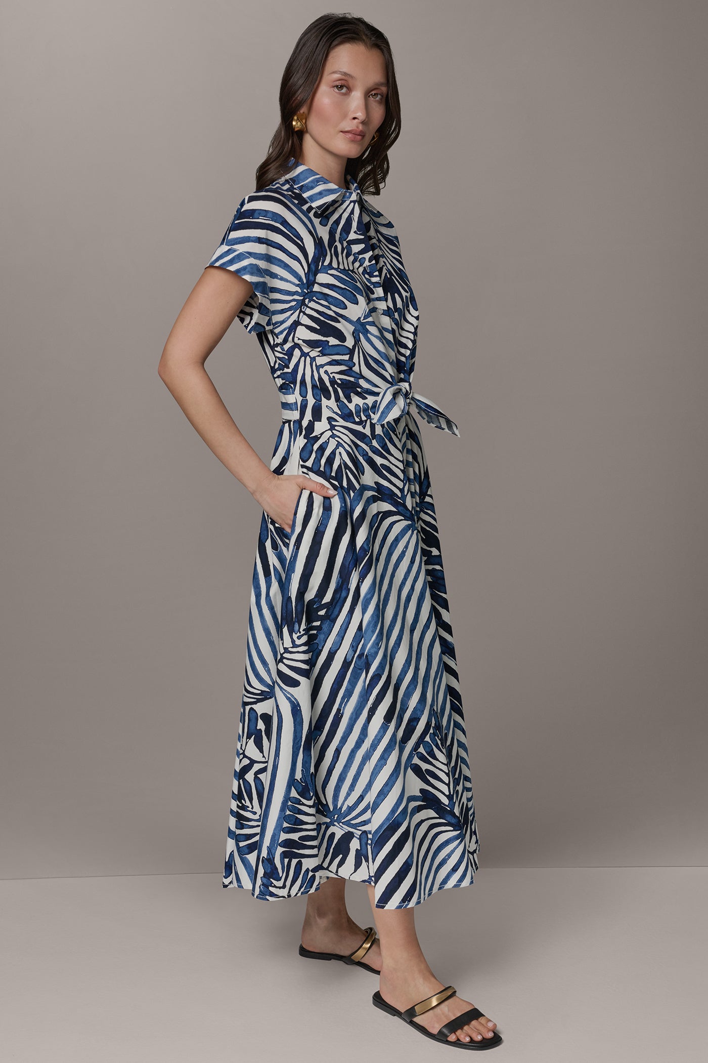 Nightfall Combo Palm SHORT SLEEVE TIE FRONT MAXI SHIRT DRESS Donna Karan