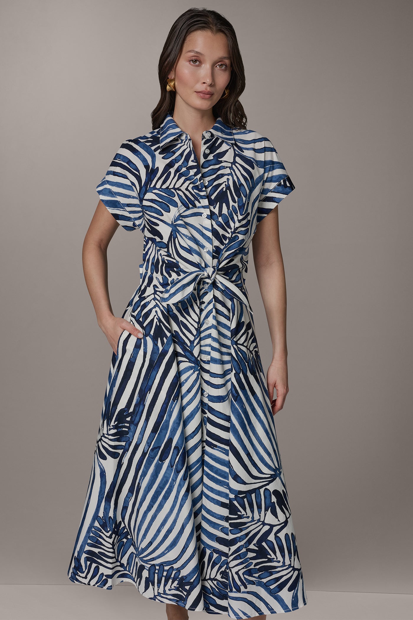 Nightfall Combo Palm SHORT SLEEVE TIE FRONT MAXI SHIRT DRESS Donna Karan