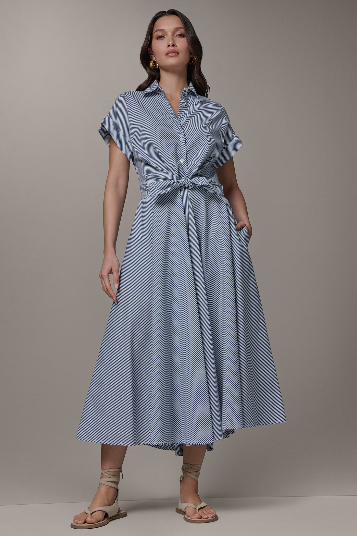 Nightfall/Cream SHORT SLEEVE STRIPE TIE FRONT MAXI SHIRT DRESS Donna Karan