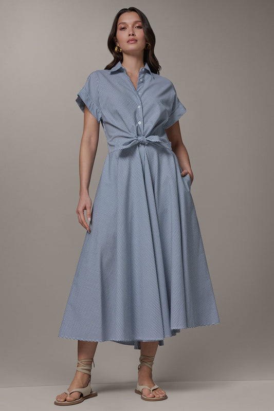 Nightfall/Cream SHORT SLEEVE STRIPE TIE FRONT MAXI SHIRT DRESS Donna Karan