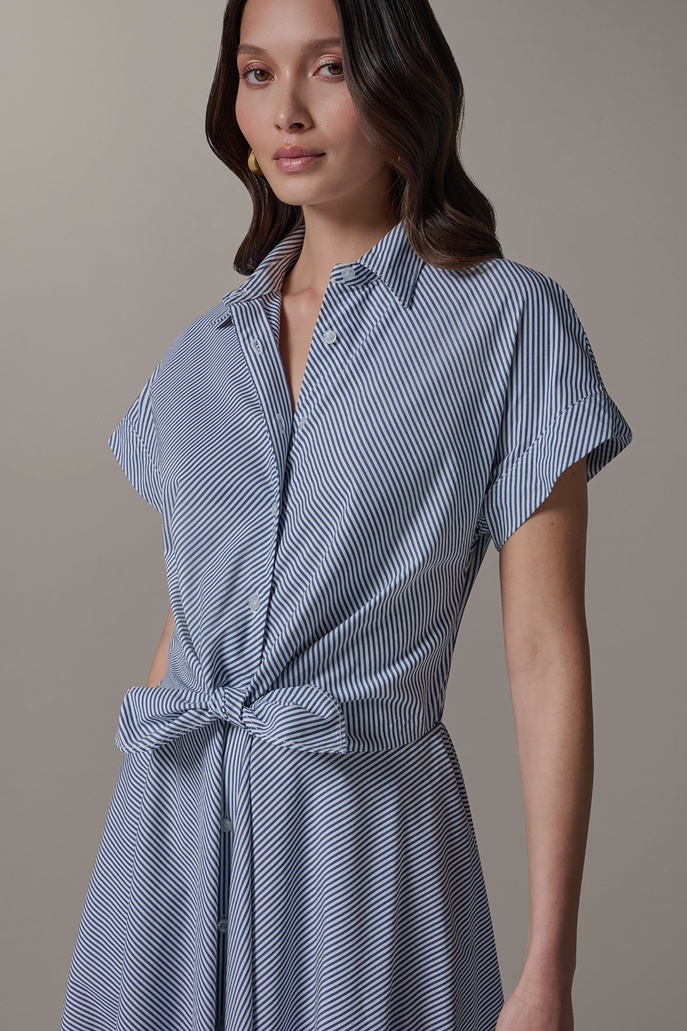 Nightfall/Cream SHORT SLEEVE STRIPE TIE FRONT MAXI SHIRT DRESS Donna Karan