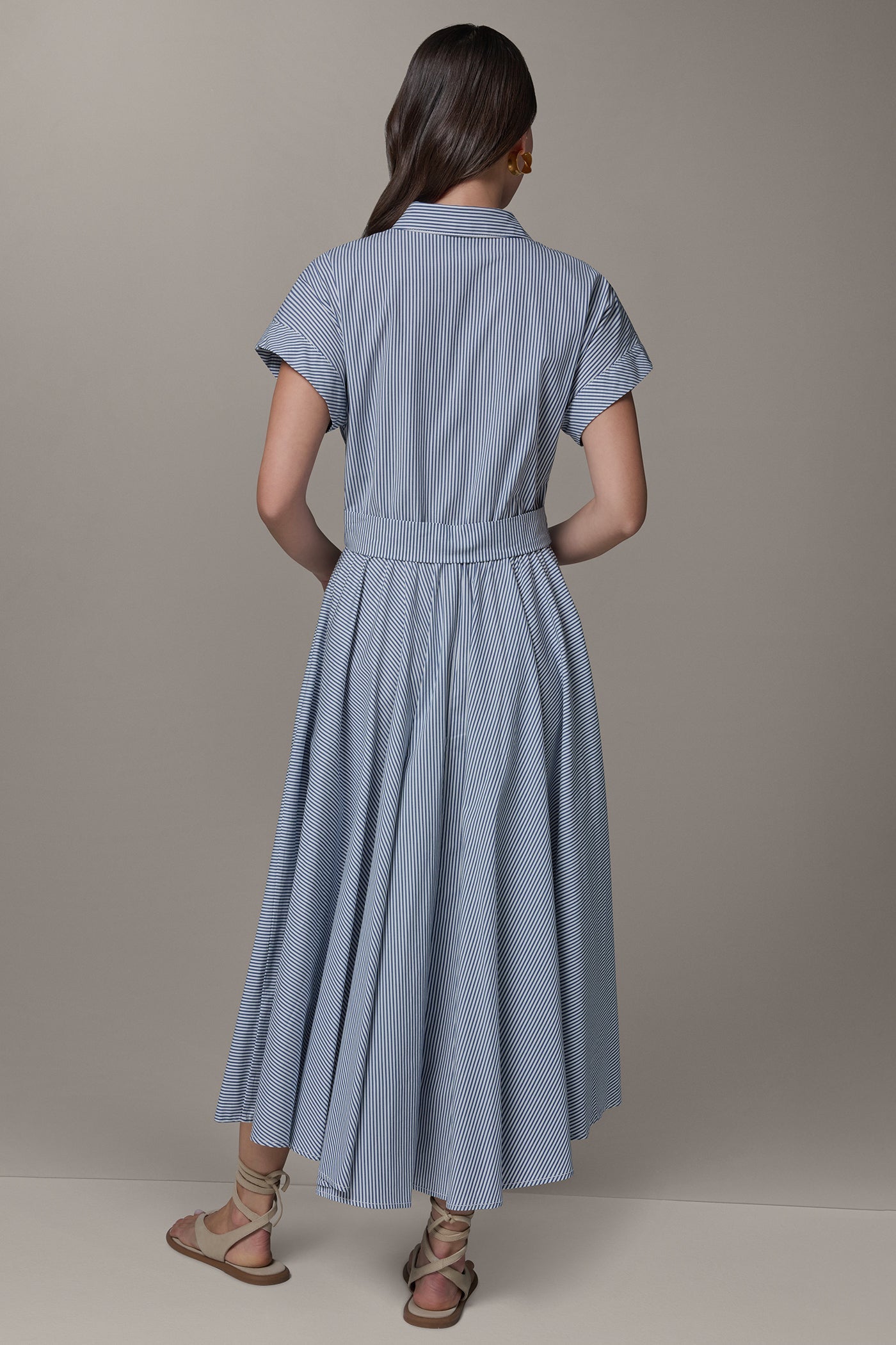 Nightfall/Cream SHORT SLEEVE STRIPE TIE FRONT MAXI SHIRT DRESS Donna Karan