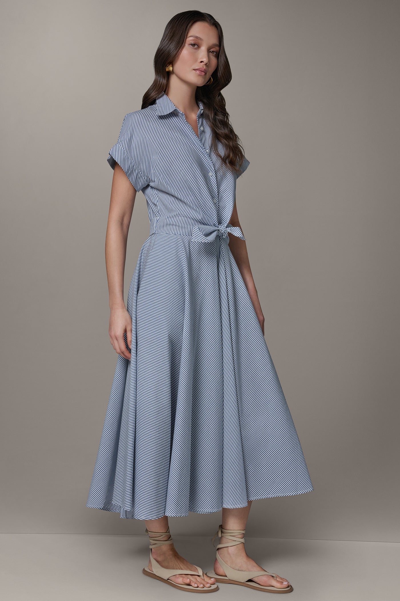 Nightfall/Cream SHORT SLEEVE STRIPE TIE FRONT MAXI SHIRT DRESS Donna Karan