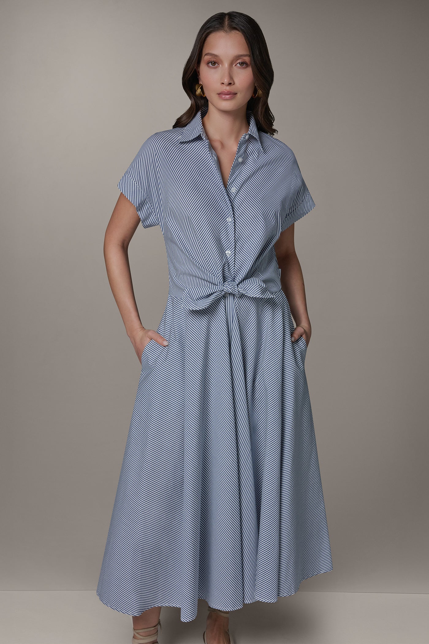 Nightfall/Cream SHORT SLEEVE STRIPE TIE FRONT MAXI SHIRT DRESS Donna Karan